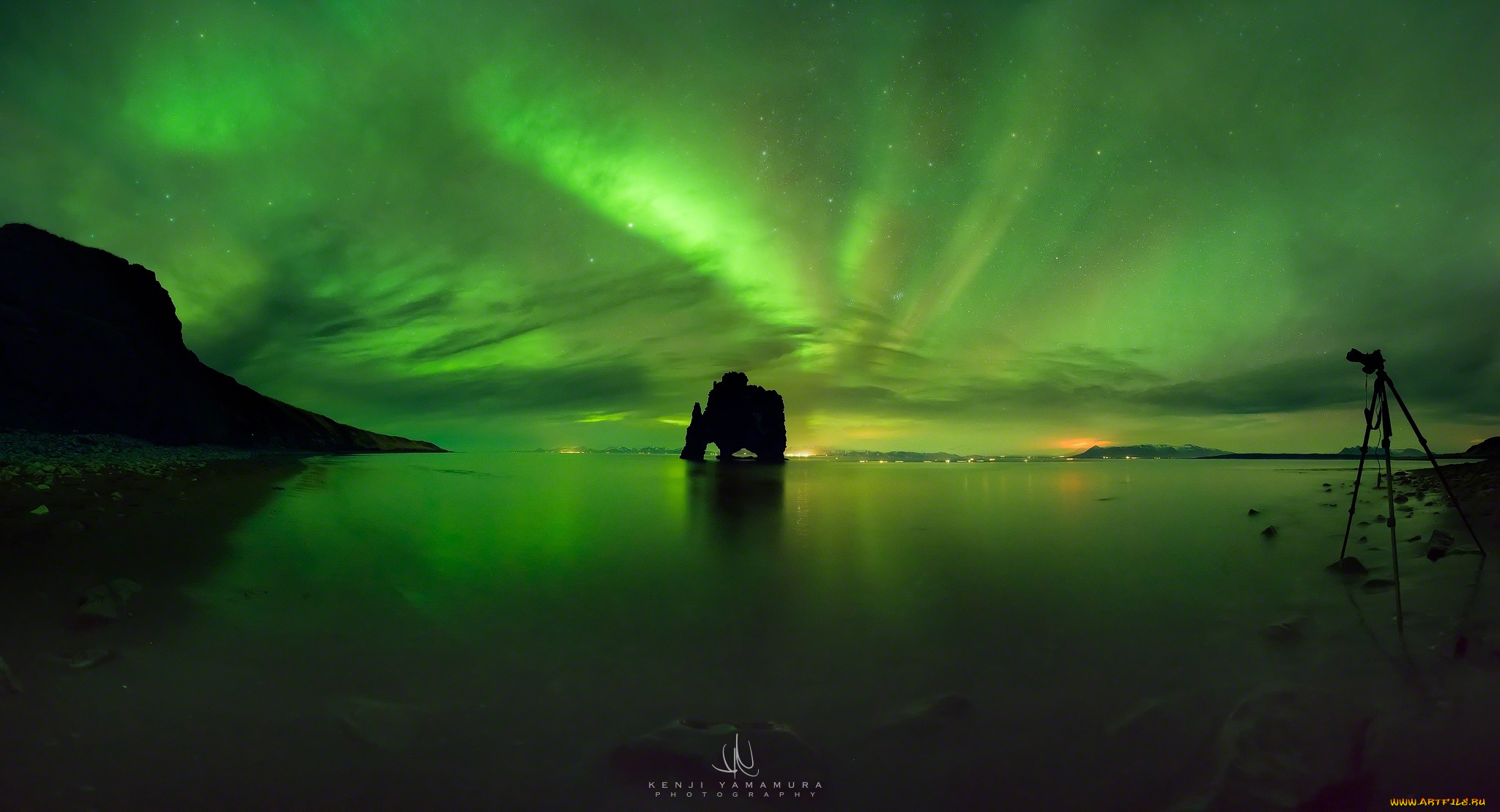 природа, северное, сияние, утёс, море, северное, сияние