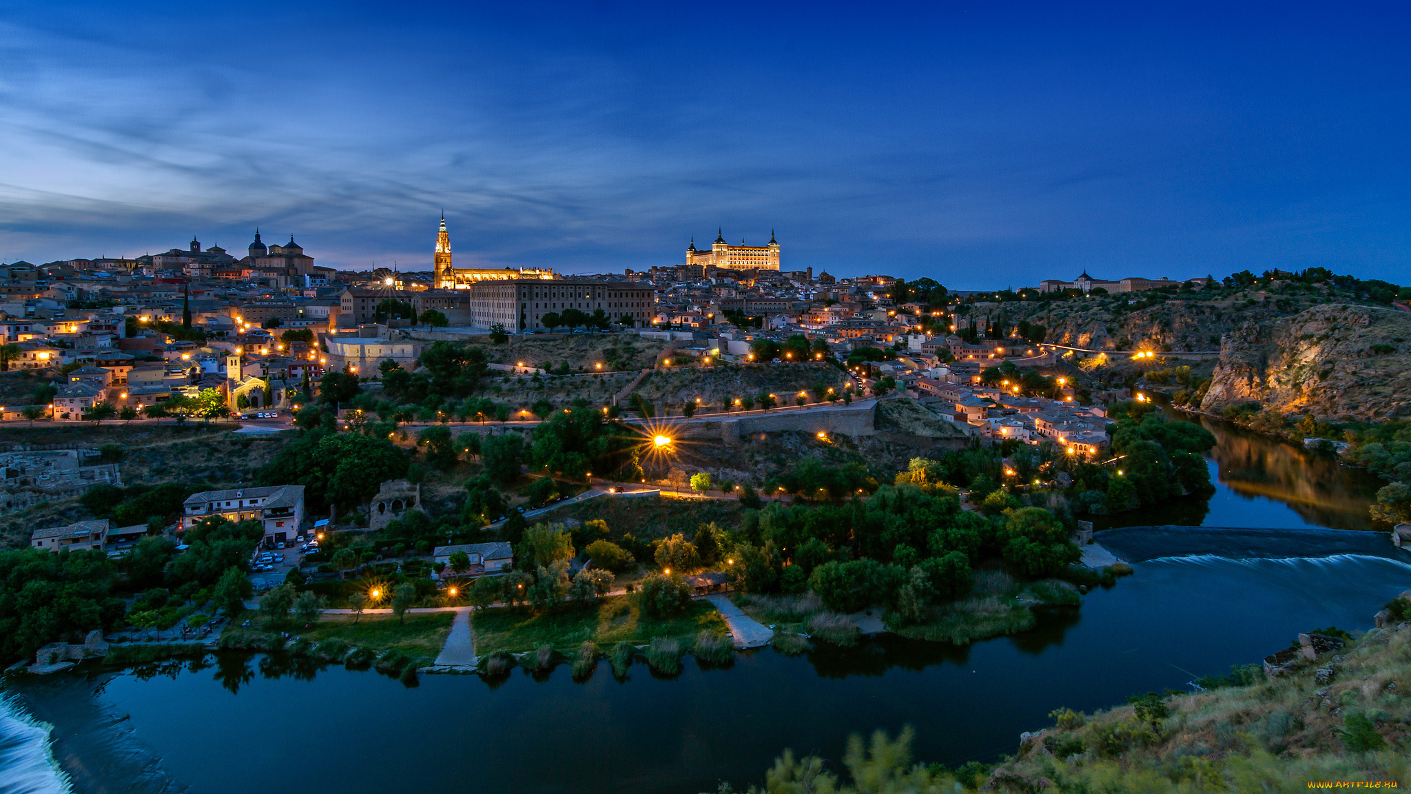 города, толедо, , испания, вечер, здания, архитектура, замок, город, толедо, река, панорама, toledo, spain
