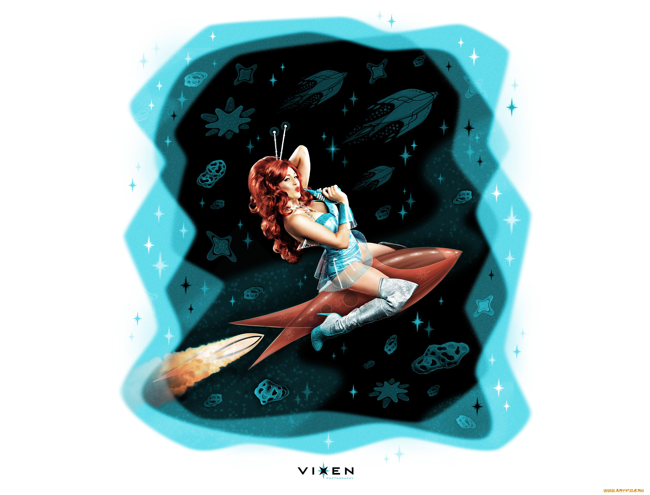 рисованное, комиксы, ракета, взгляд, фон, девушка