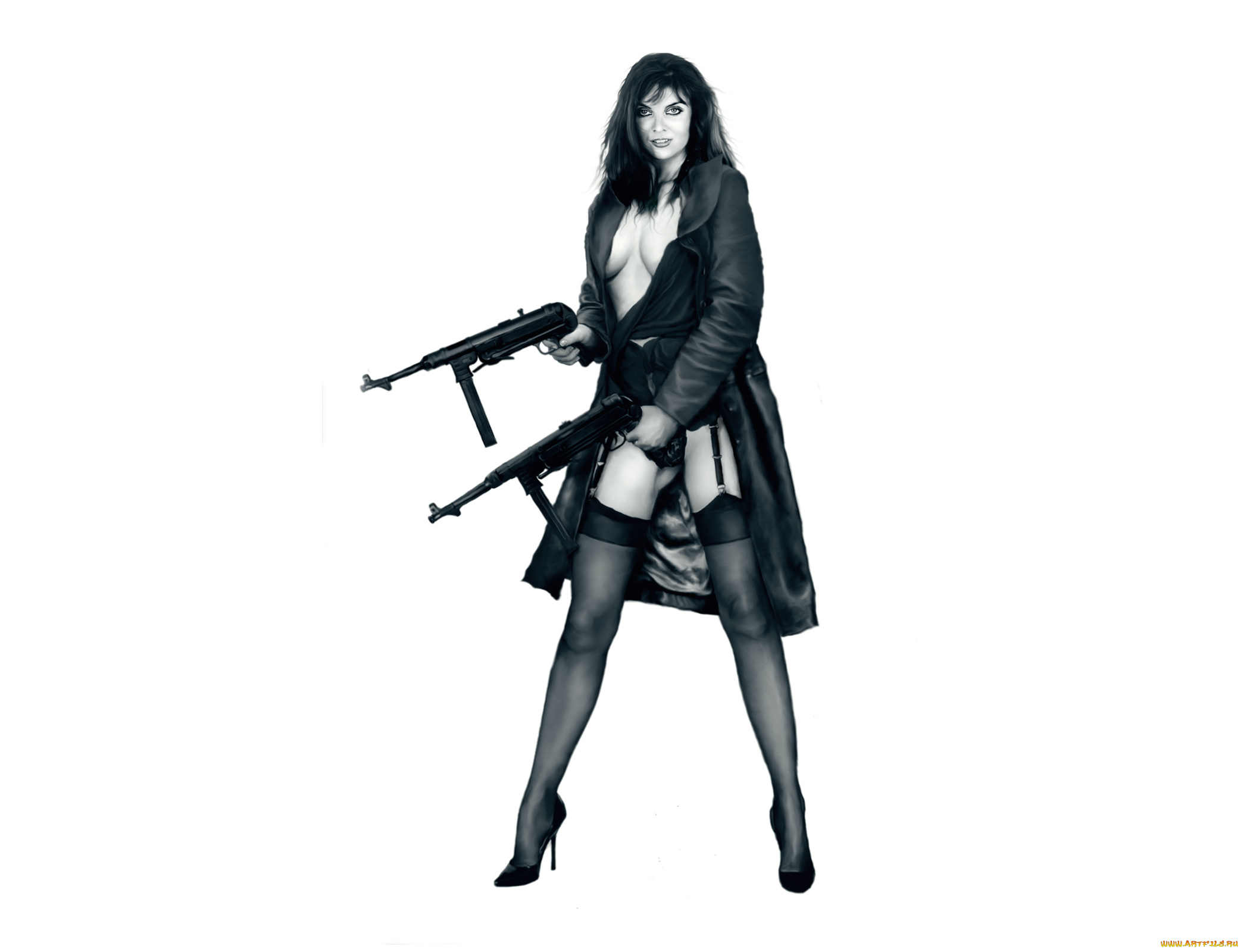 рисованное, люди, плащ, девушка, автомат, взгляд, фон