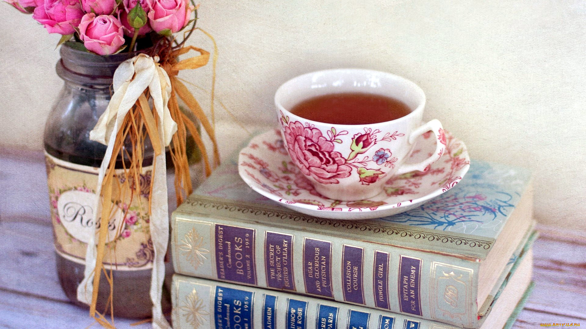 еда, напитки, , Чай, букет, розы, чай, книги, чашка