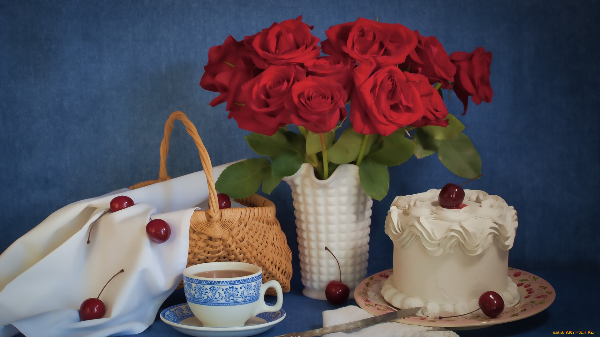 еда, натюрморт, вишня, розы, торт