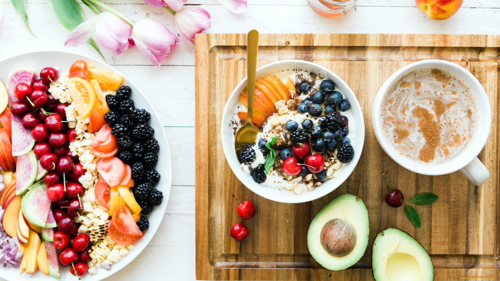 еда, разное, кофе, хлопья, авокадо, ягоды