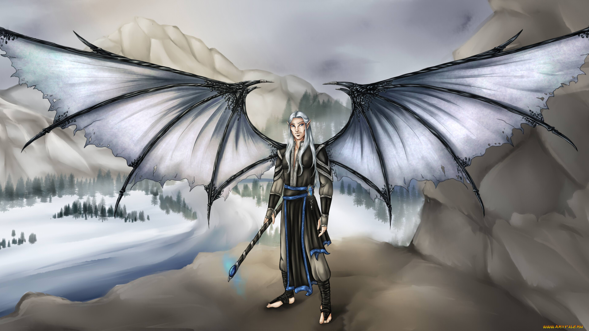 рисованное, комиксы, крылья, эльф, взгляд, фон, мужчина