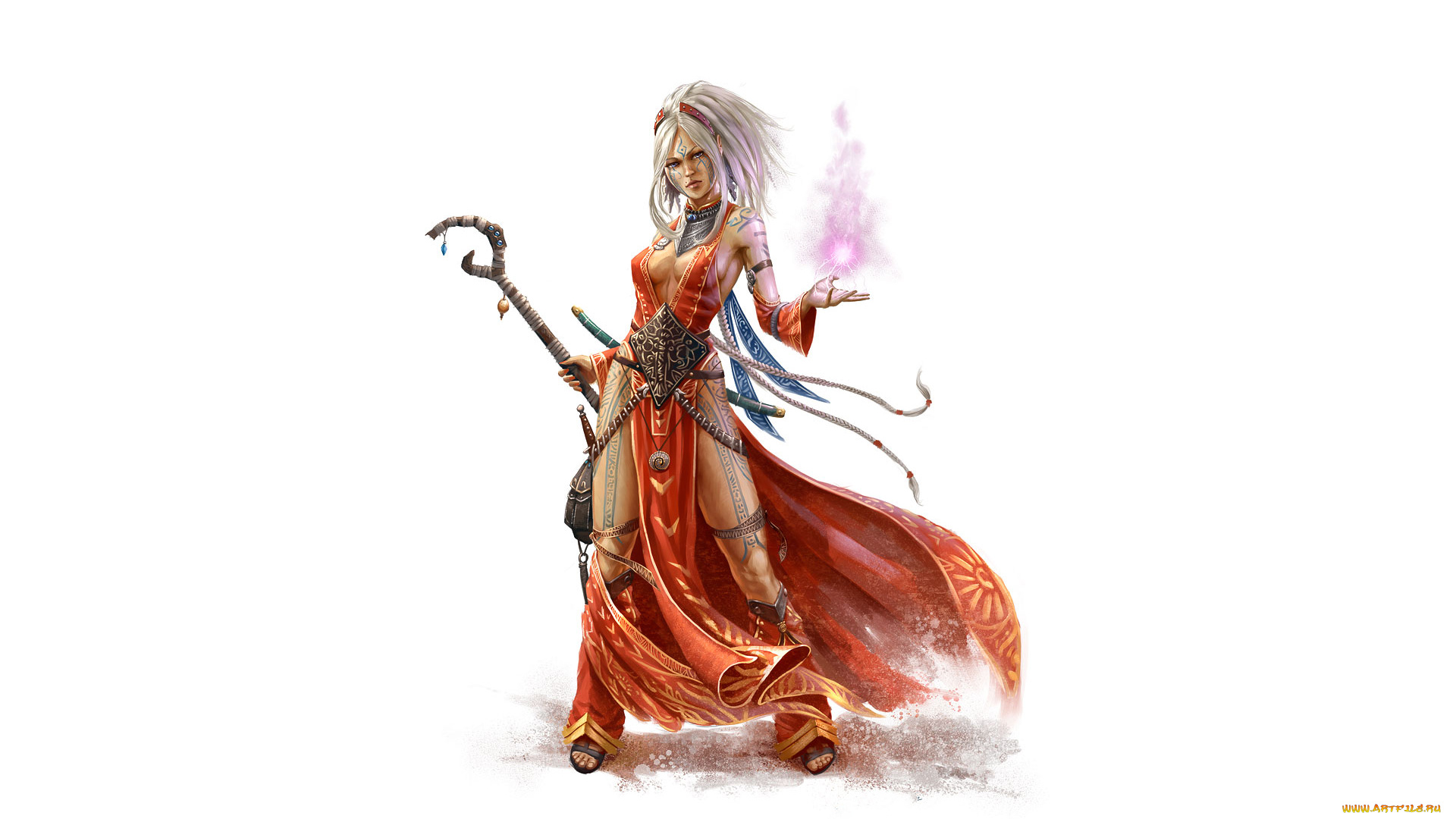 рисованное, комиксы, униформа, фон, девушка, посох, тату