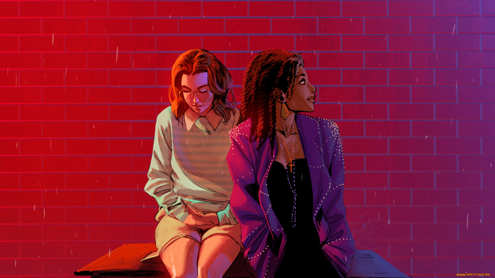 рисованное, люди, девушки, фон, скамейка, стена