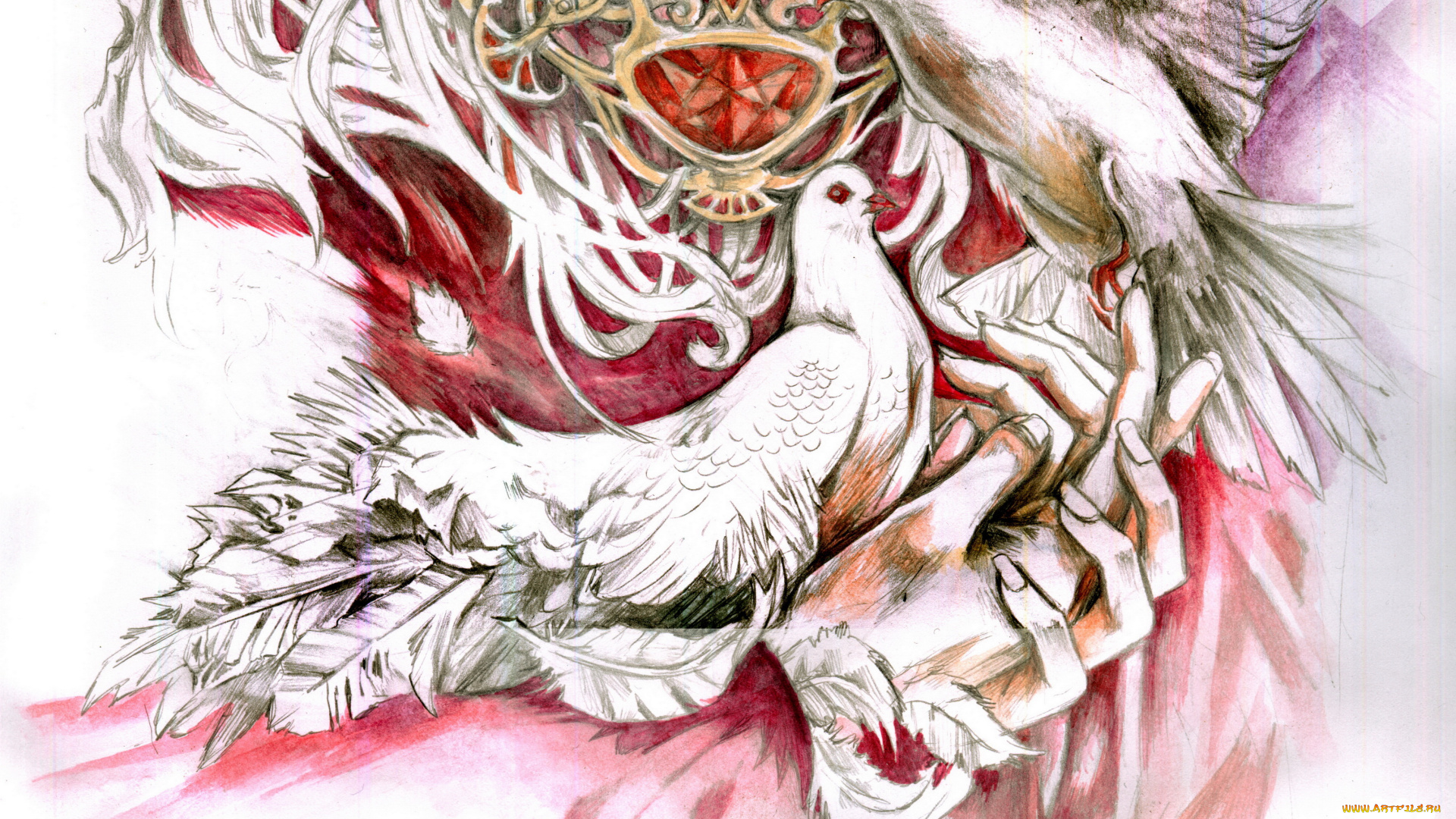 рисованное, живопись, фон, голуби, руки