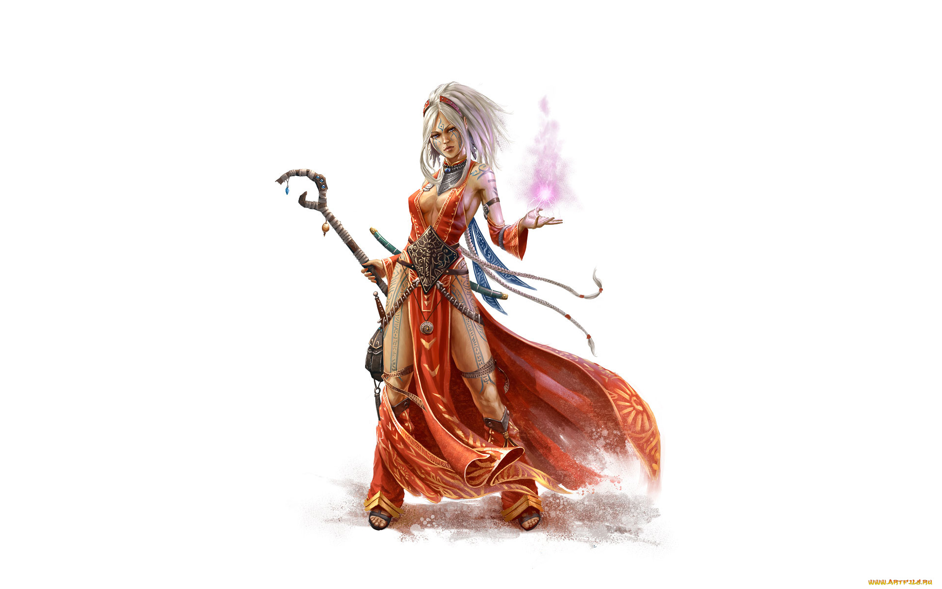 рисованное, комиксы, униформа, фон, девушка, посох, тату