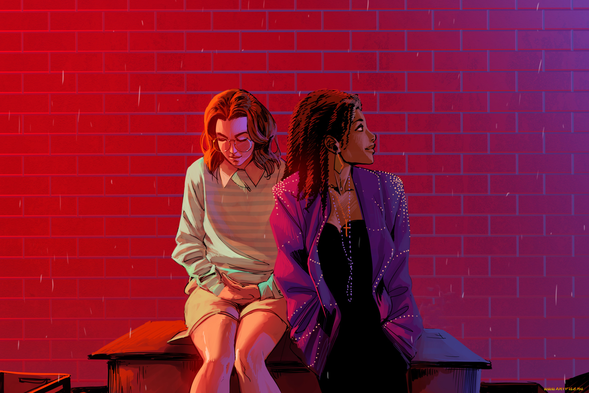 рисованное, люди, девушки, фон, скамейка, стена