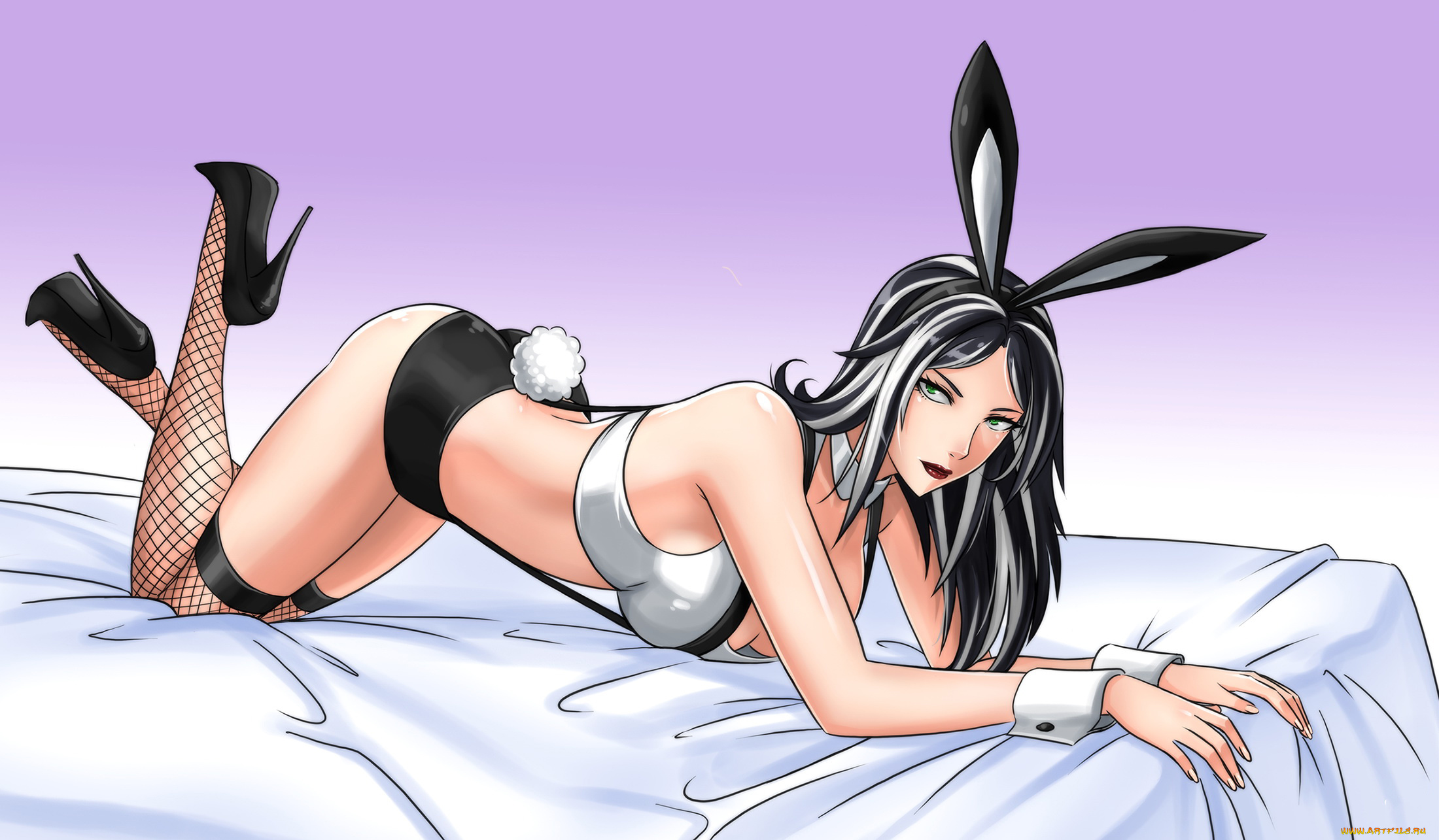 рисованное, комиксы, уши, кровать, взгляд, чулки, фон, девушка