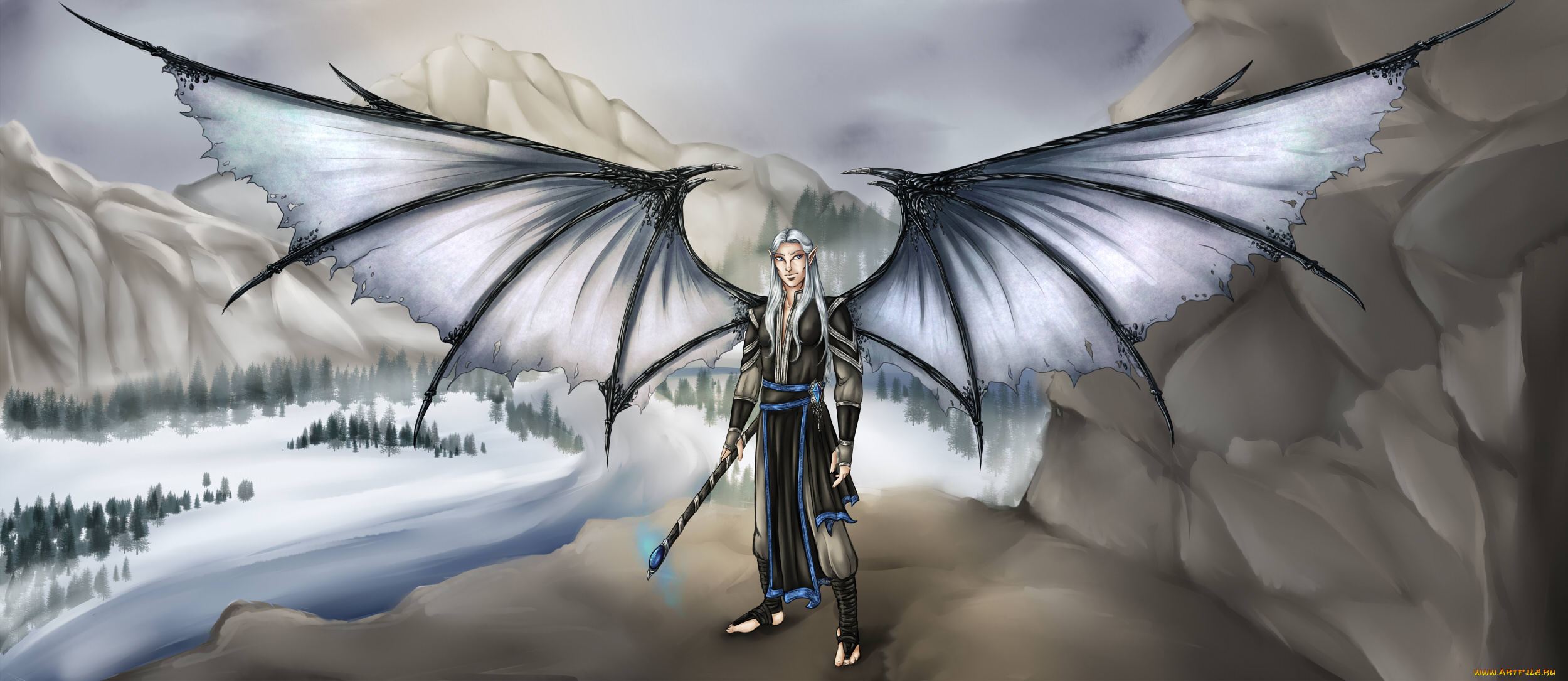 рисованное, комиксы, крылья, эльф, взгляд, фон, мужчина