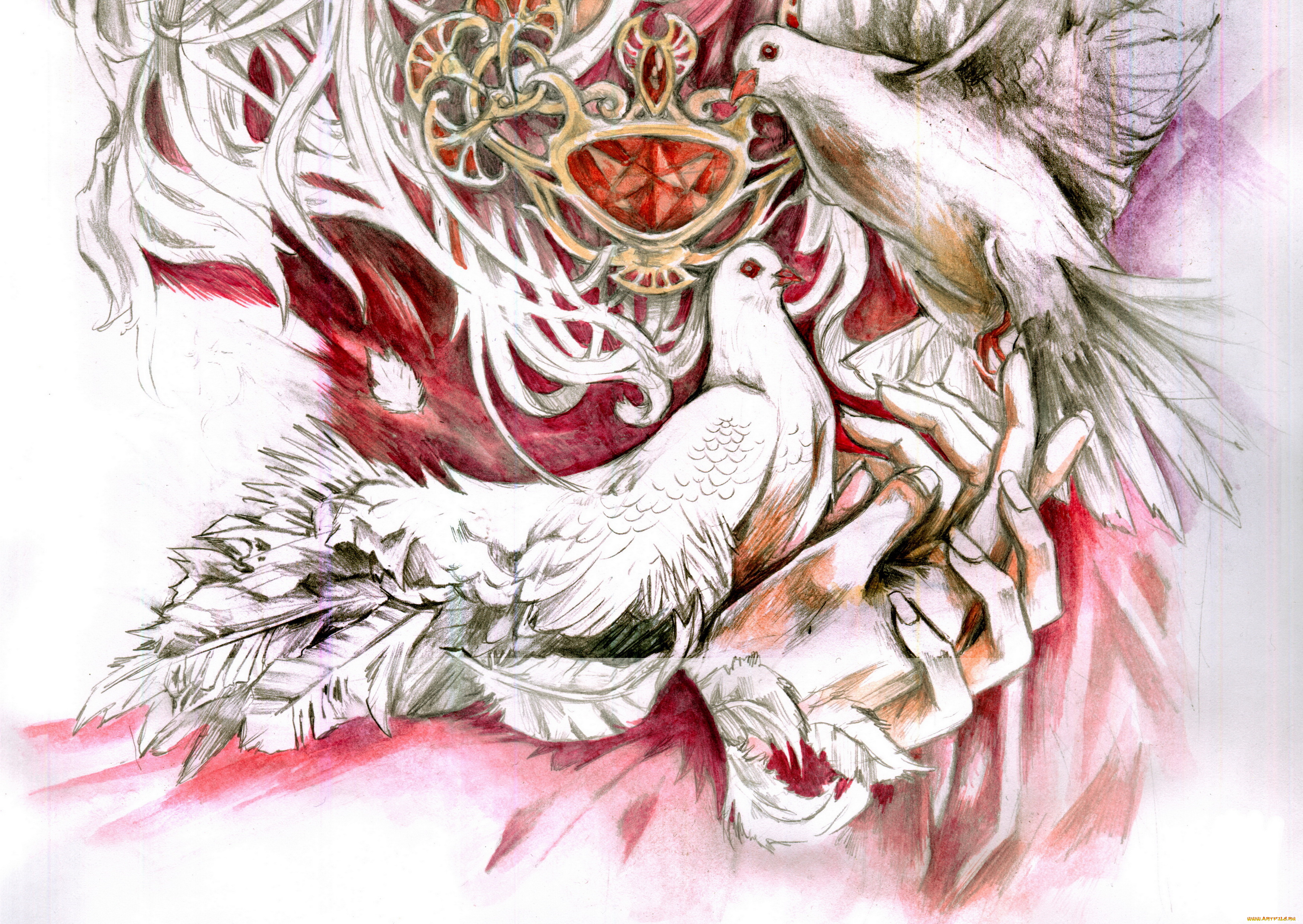 рисованное, живопись, фон, голуби, руки