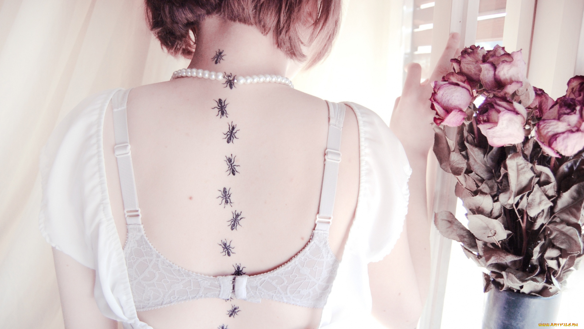 девушки, -unsort, , брюнетки, темноволосые, тату, муравьи, букет, бусы, спина, каре