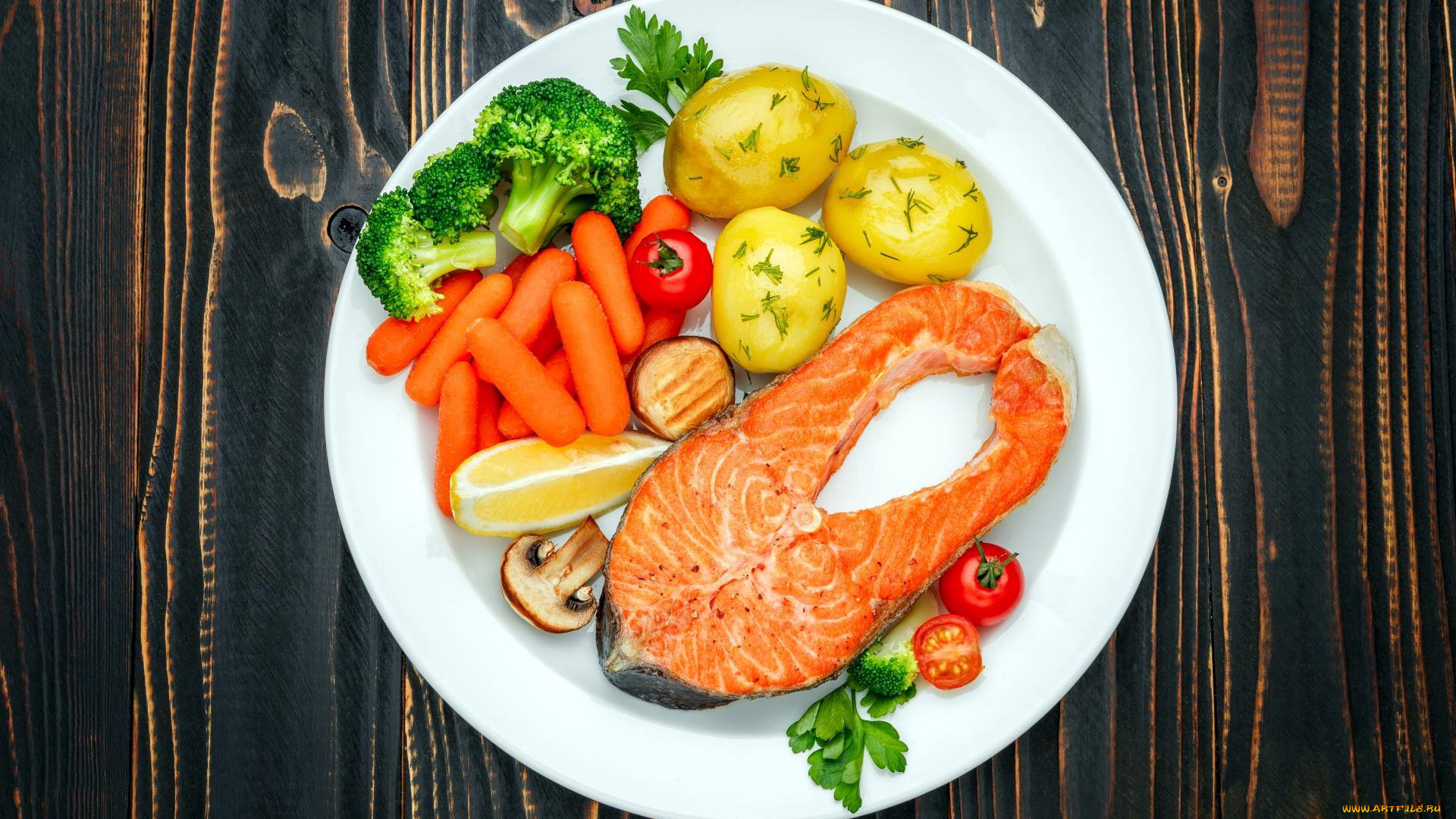 еда, рыбные, блюда, , с, морепродуктами, брокколи, морковь, картофель, лимон, форель, помидоры, томаты