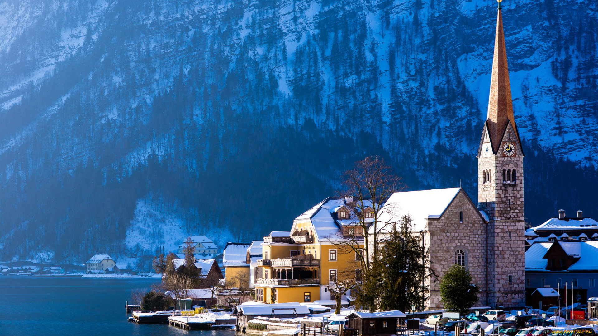 города, гальштат, , австрия, озеро, горы, зима