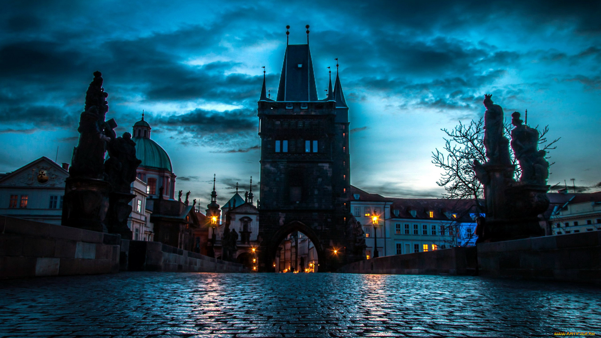 города, прага, , Чехия, статуи, огни, ночь, мост