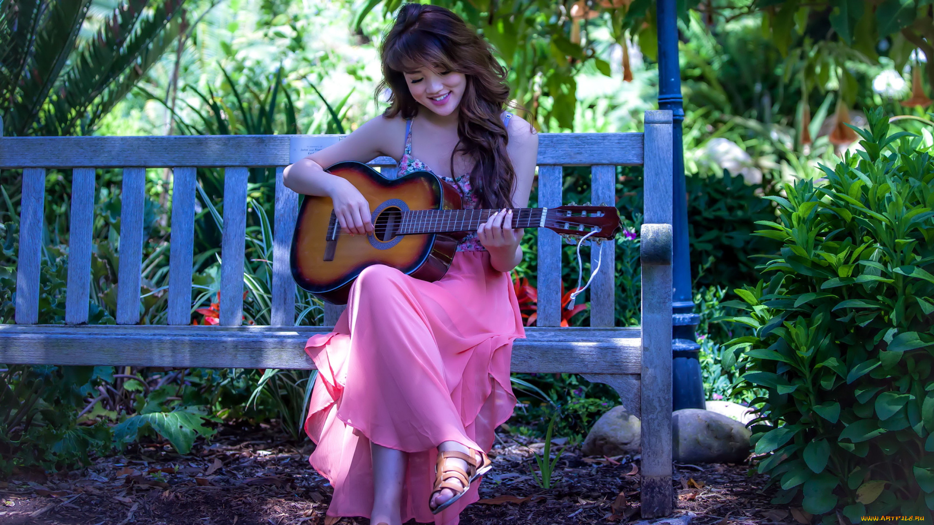 музыка, -другое, девушка, гитара, скамейка