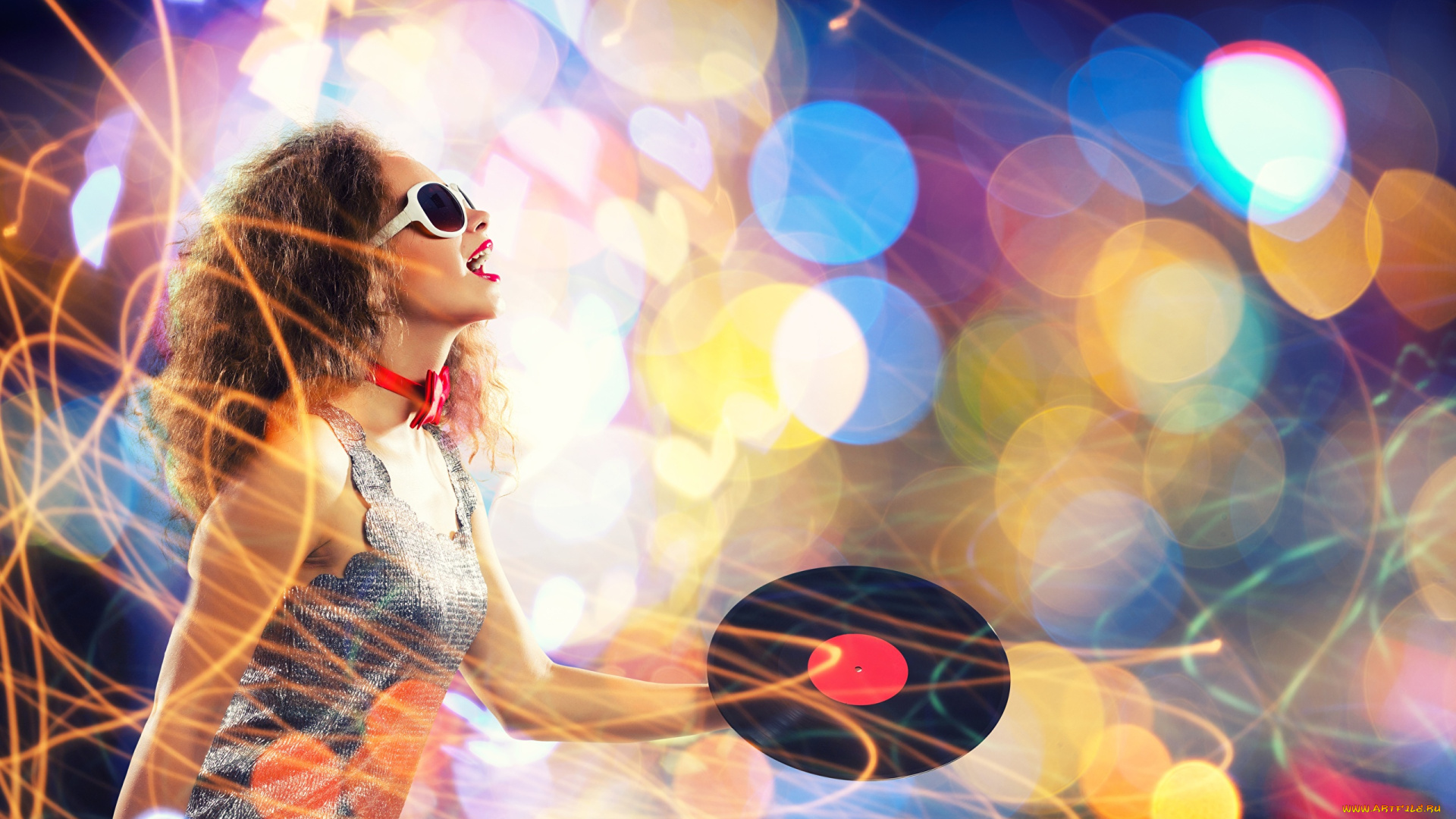 музыка, -другое, девушка, очки, пластинка