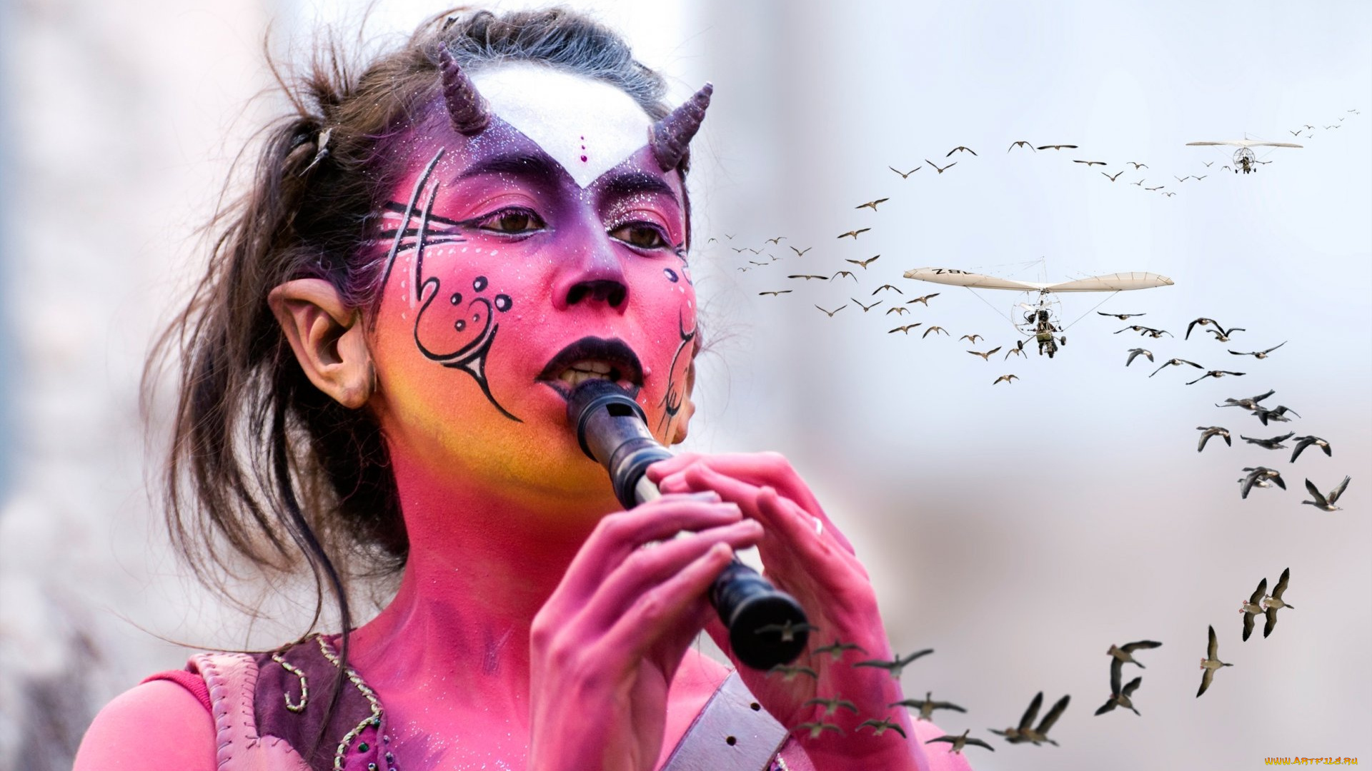 музыка, -другое, грим, флейта, девушка