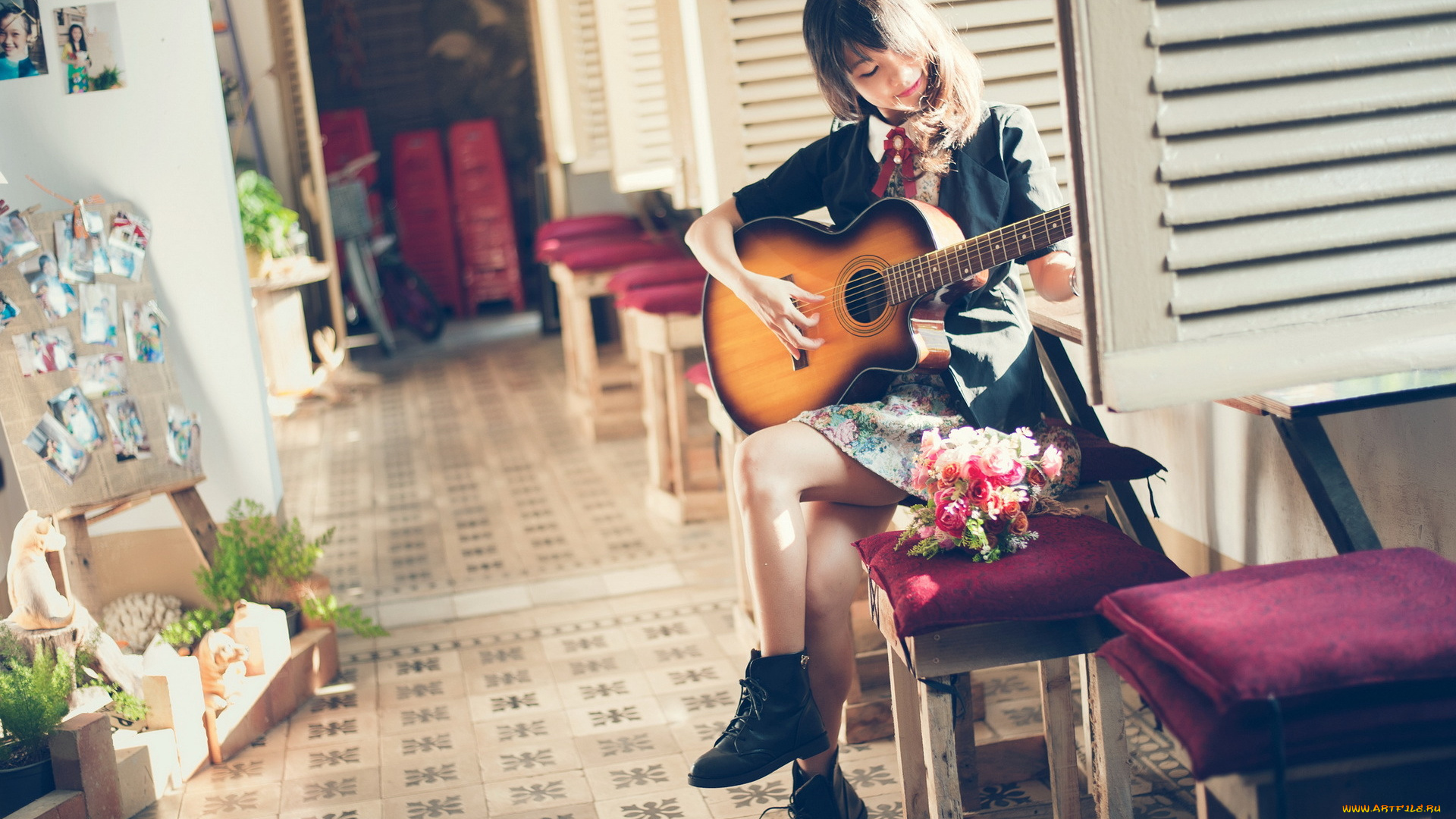 музыка, -другое, табурет, девушка, гитара, цветы