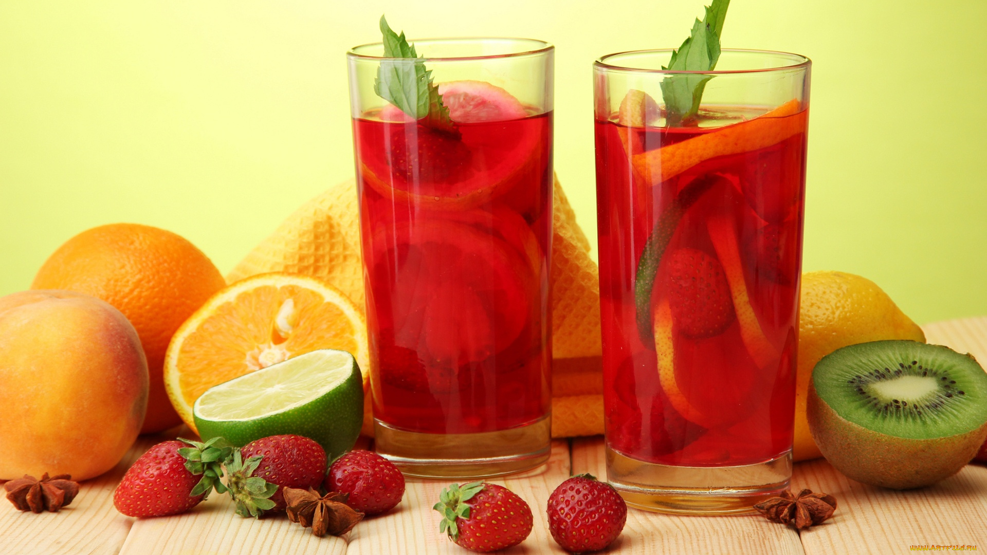 еда, напитки, стаканы, лайм, клубника, киви, апельсин