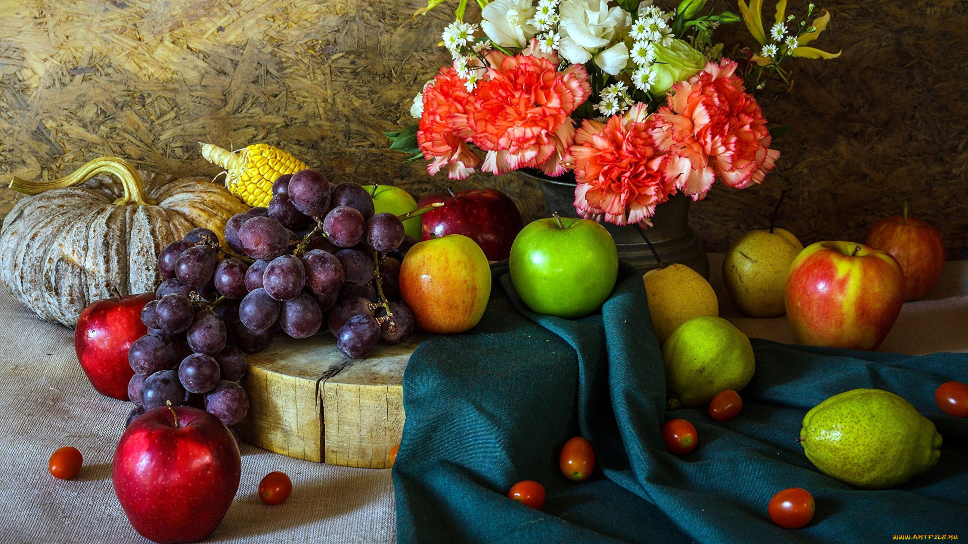 еда, натюрморт, виноград, яблоки