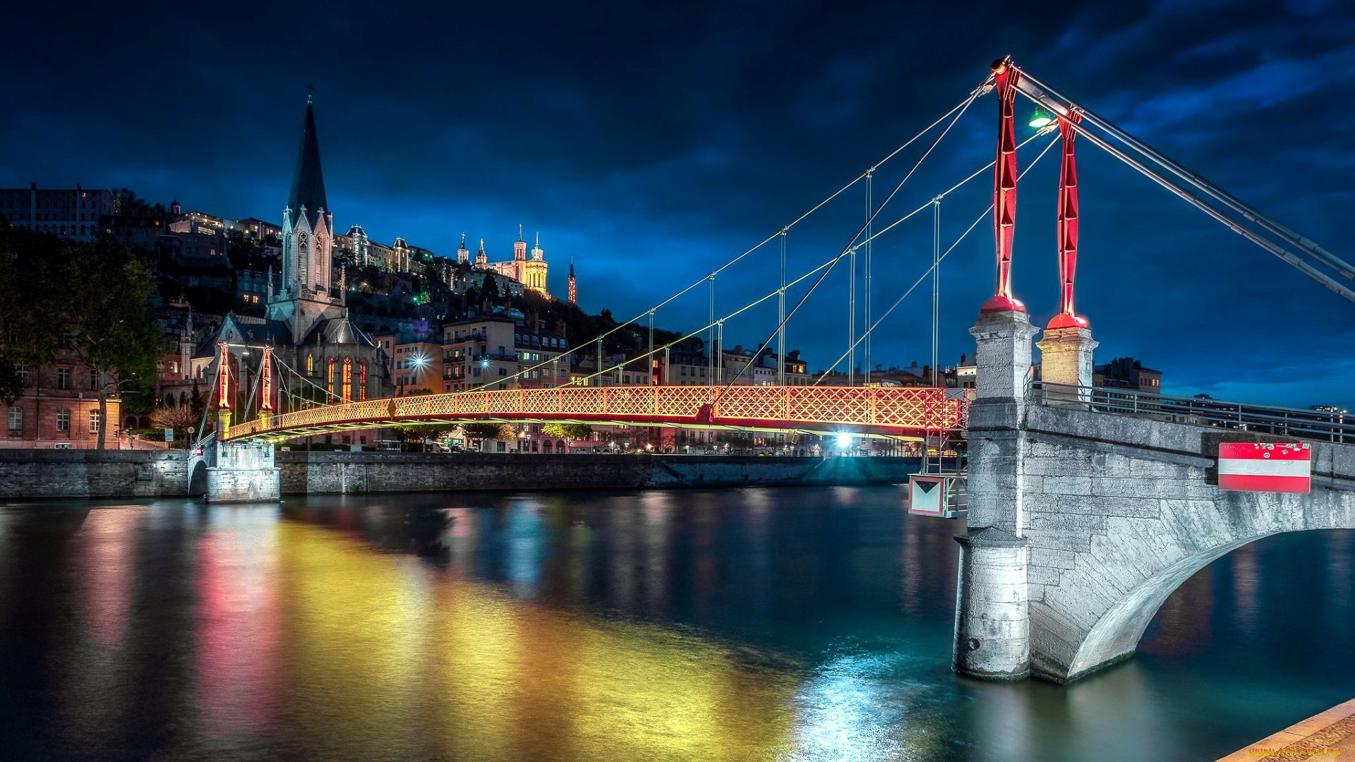 города, лион, , франция, мост, огни, вечер