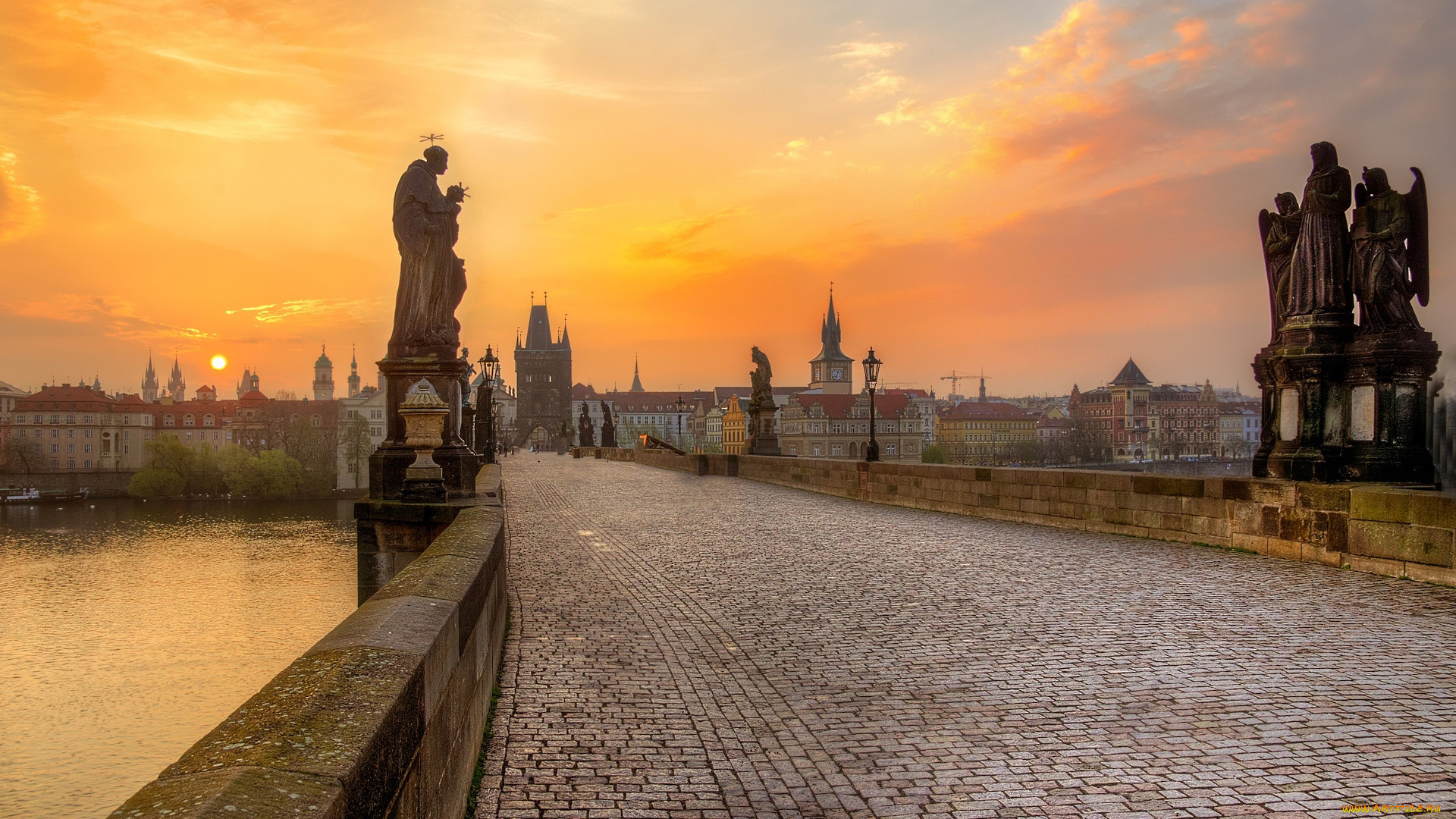 города, прага, , чехия, мост, влтава