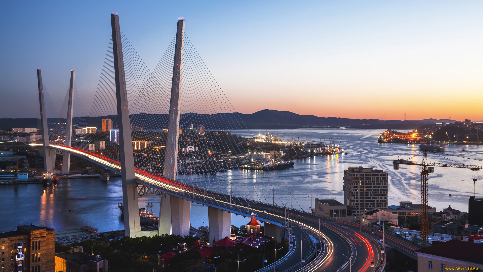 владивосток, города, -, мосты, город, мост, вечер, огни, золотой, рог