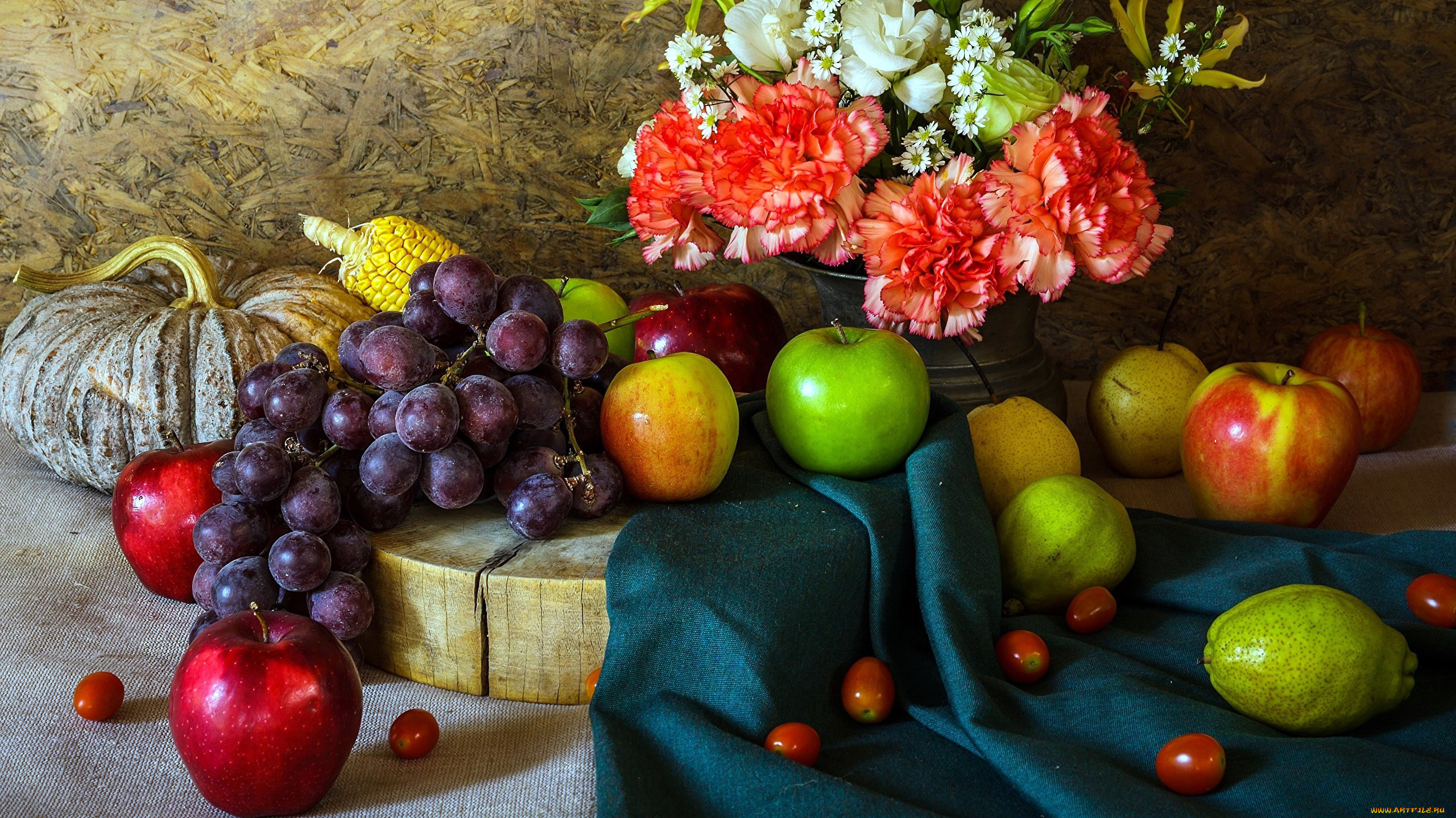 еда, натюрморт, виноград, яблоки