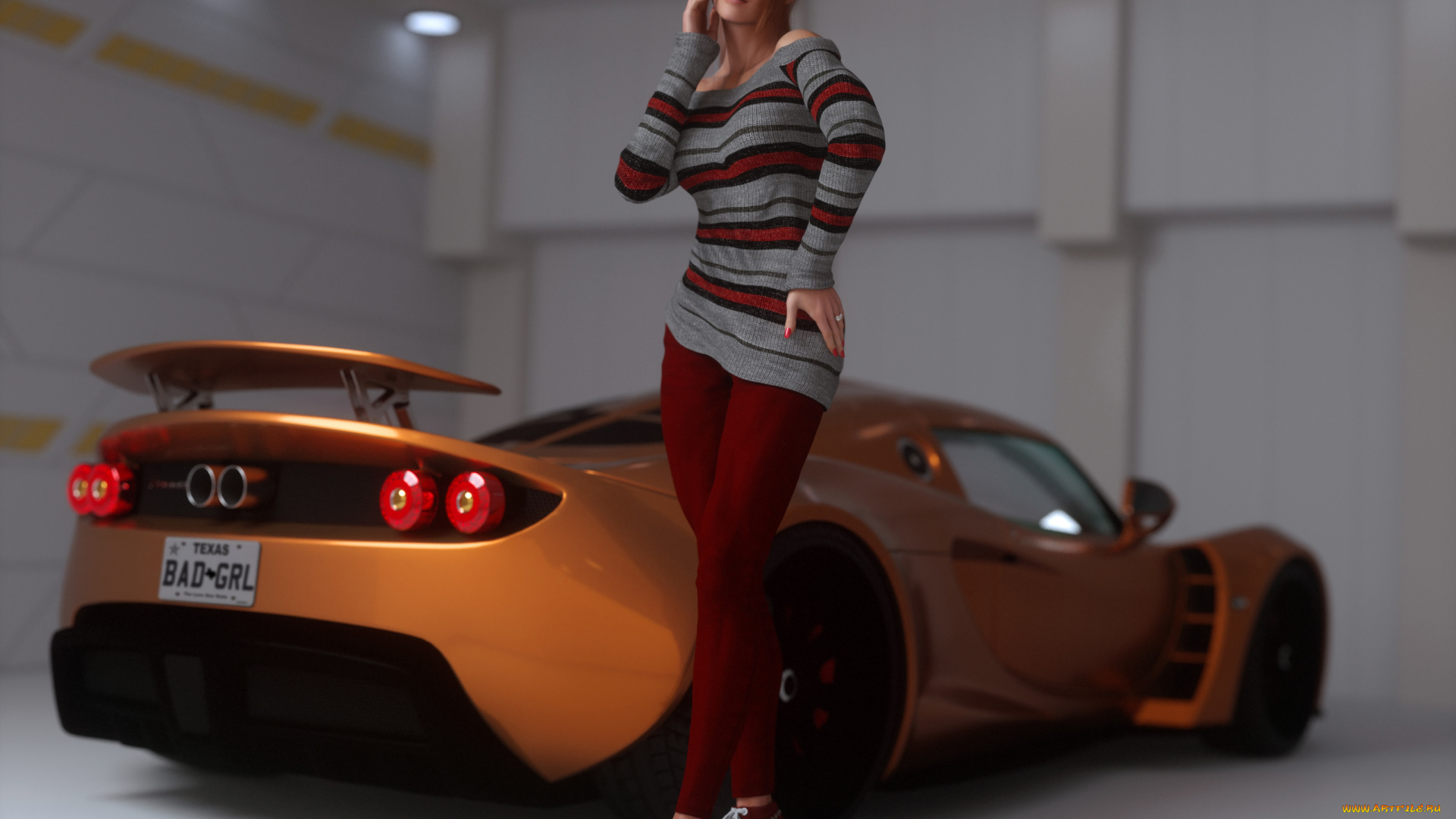 3д, графика, люди-авто, мото, , people-, car, , , moto, девушка, фон, взгляд, автомобиль