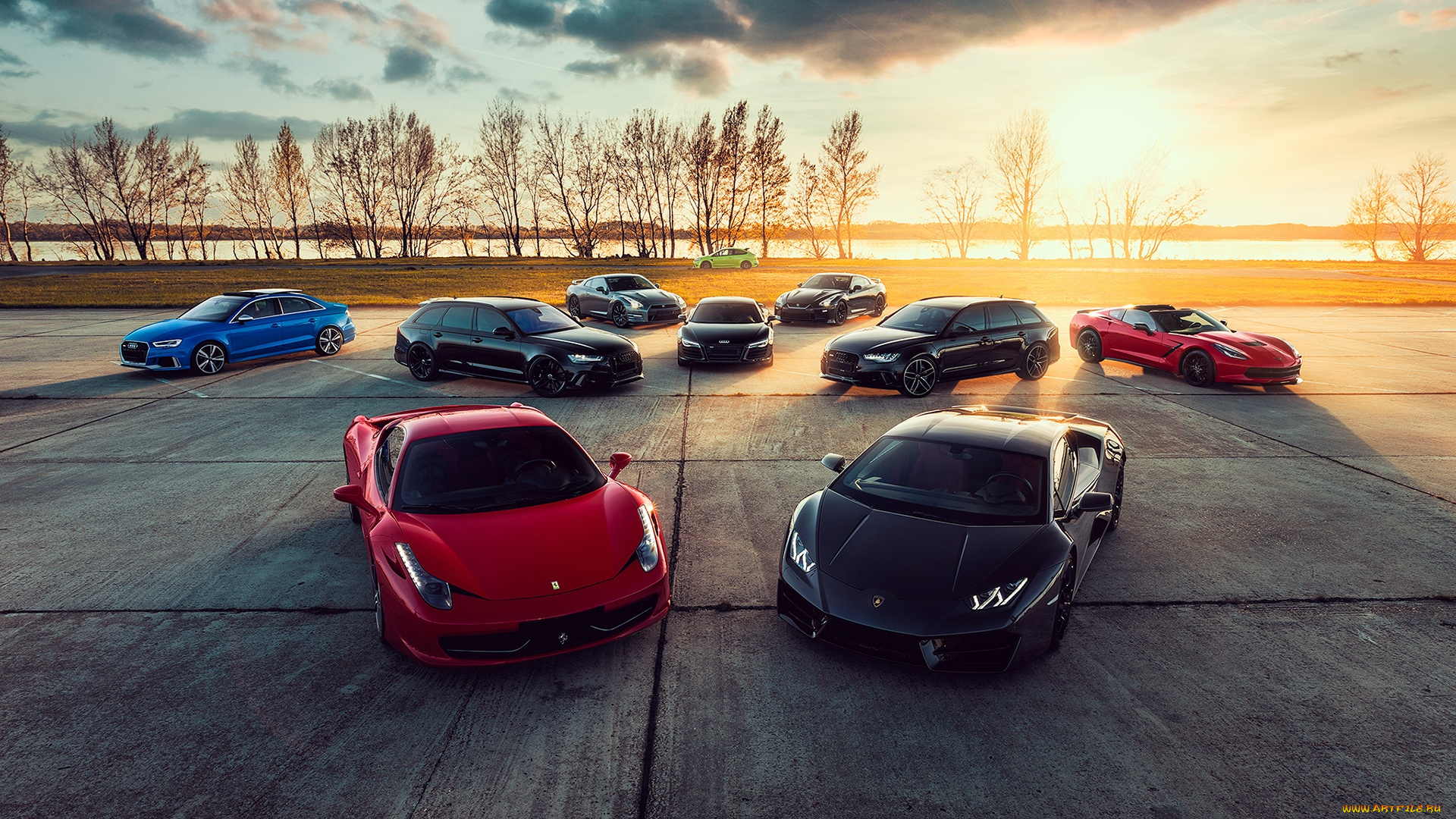 автомобили, разные, вместе, lamborghini, audi, ferrari, corvette