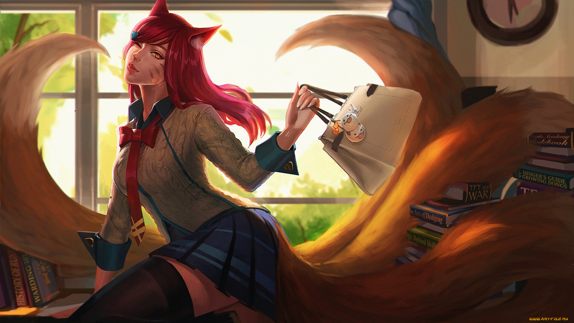 видео, игры, league, of, legends, ари, галстук, кофта, юбка, сумка, книги, окно