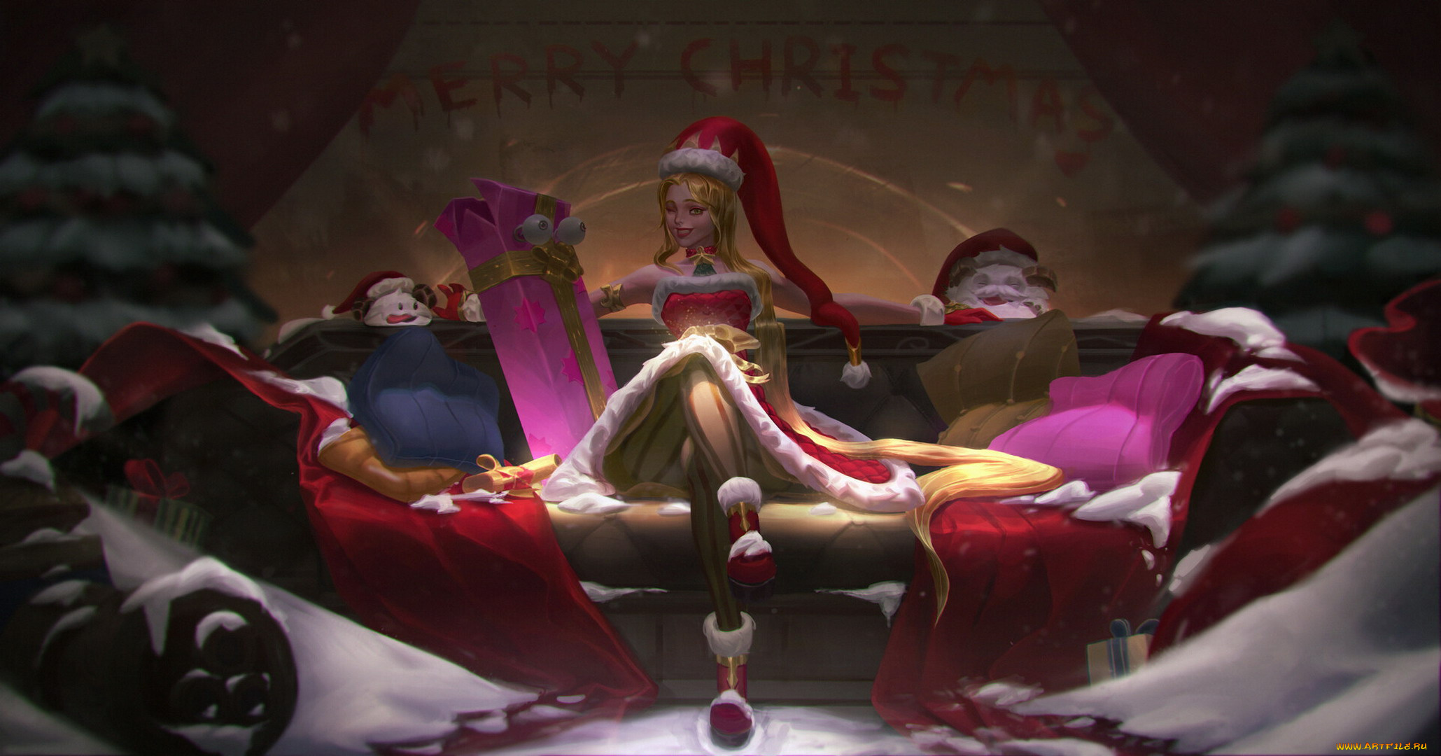 видео, игры, league, of, legends, джинкс, костюм, снег, поро, диван