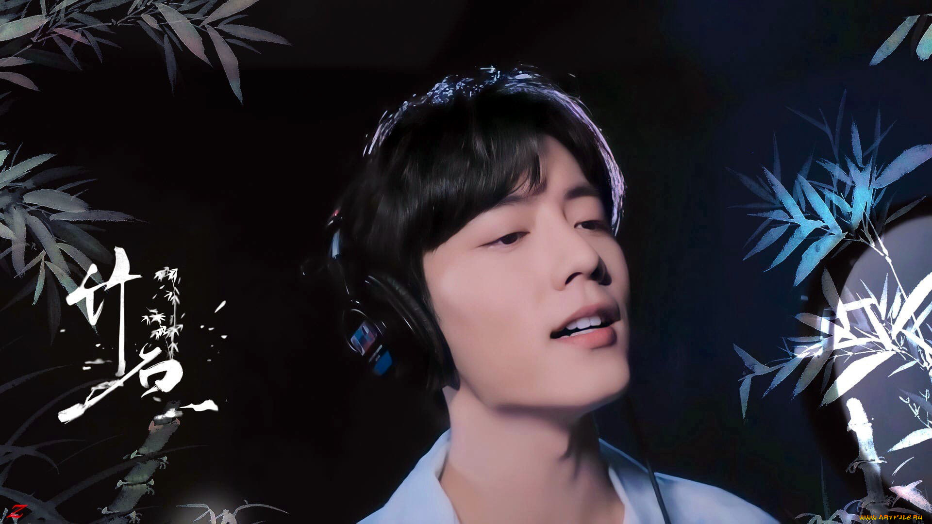 мужчины, xiao, zhan, актер, лицо, наушники, песня, бамбук