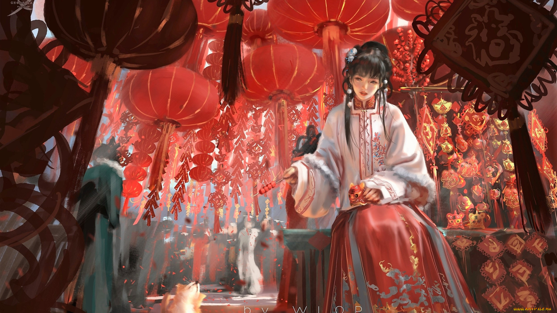 фэнтези, девушки, девушка, фонари, сувениры, собака