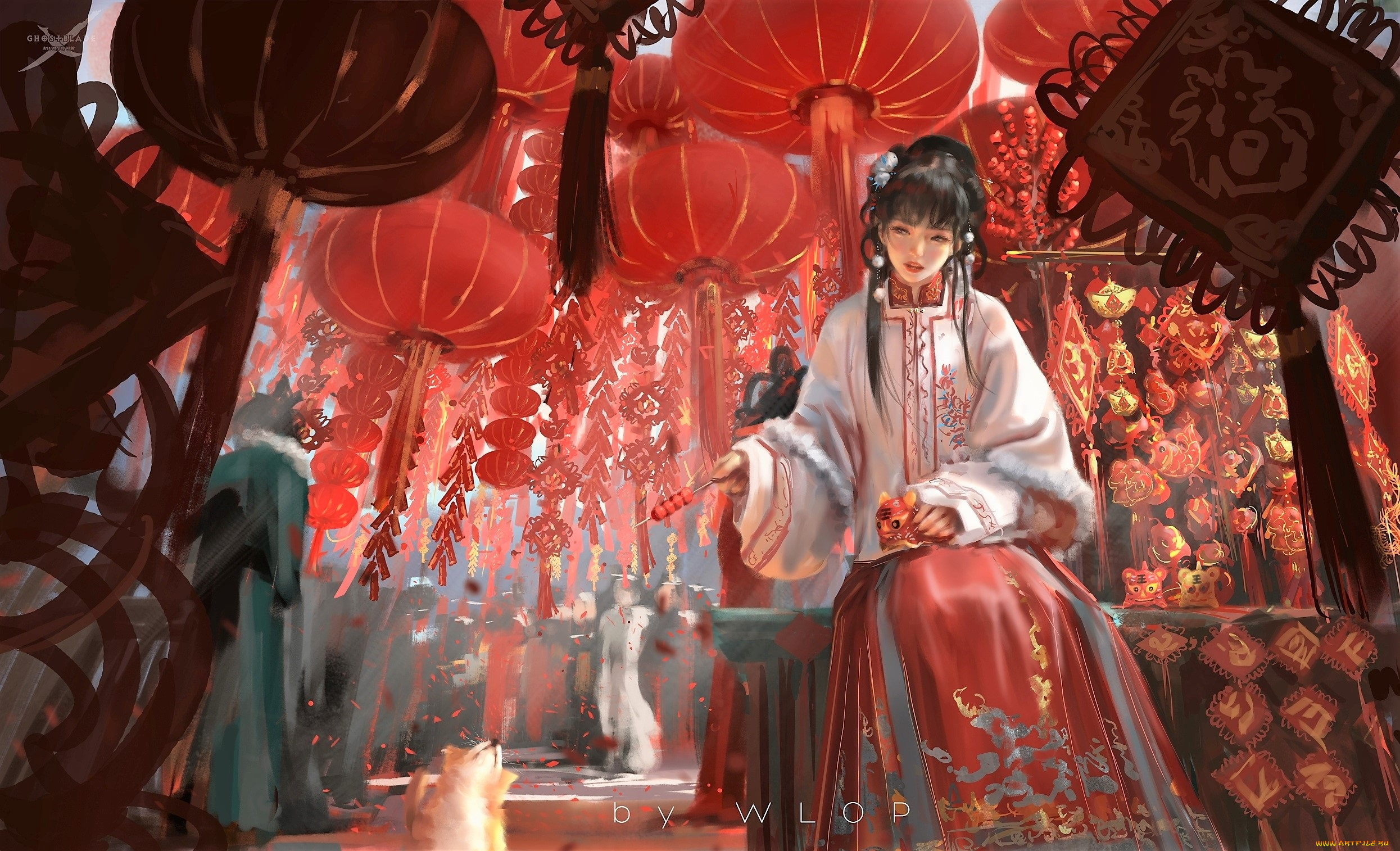 фэнтези, девушки, девушка, фонари, сувениры, собака