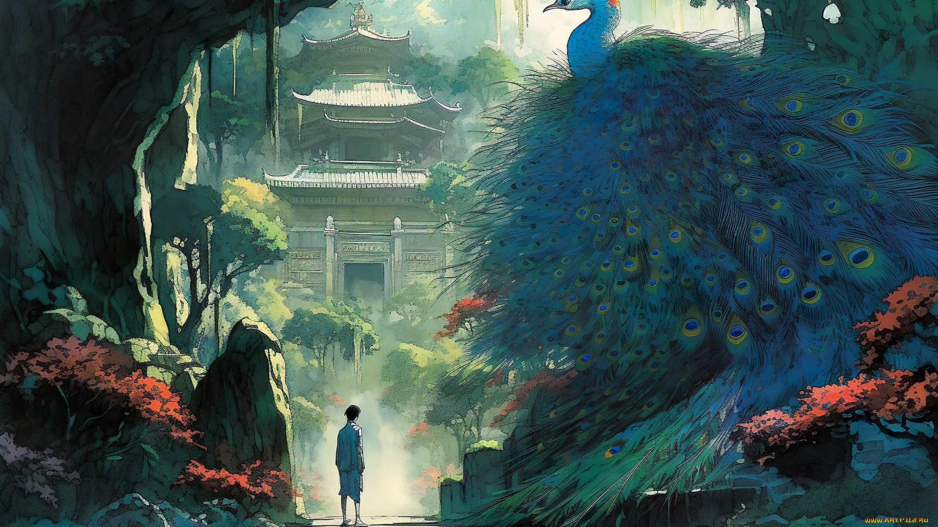 аниме, животные, , существа, павлин