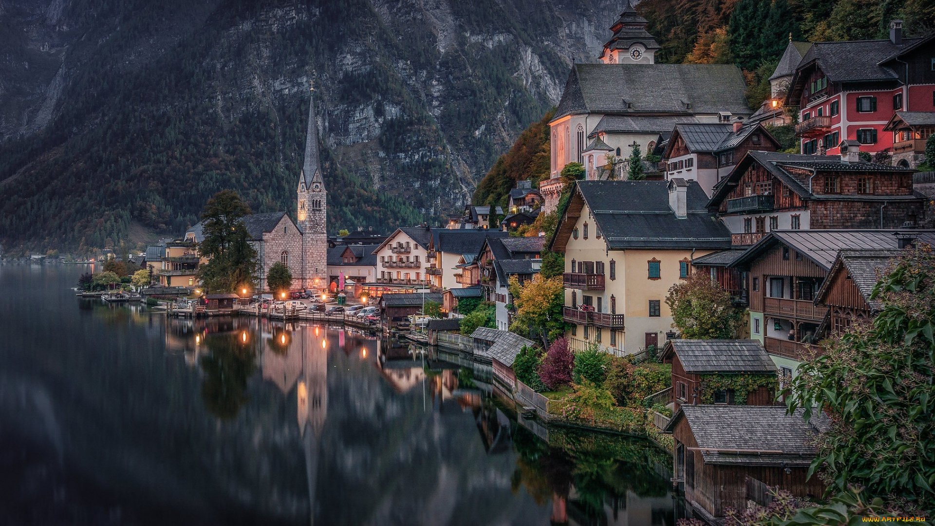 города, гальштат, , австрия, горы, озеро, панорама