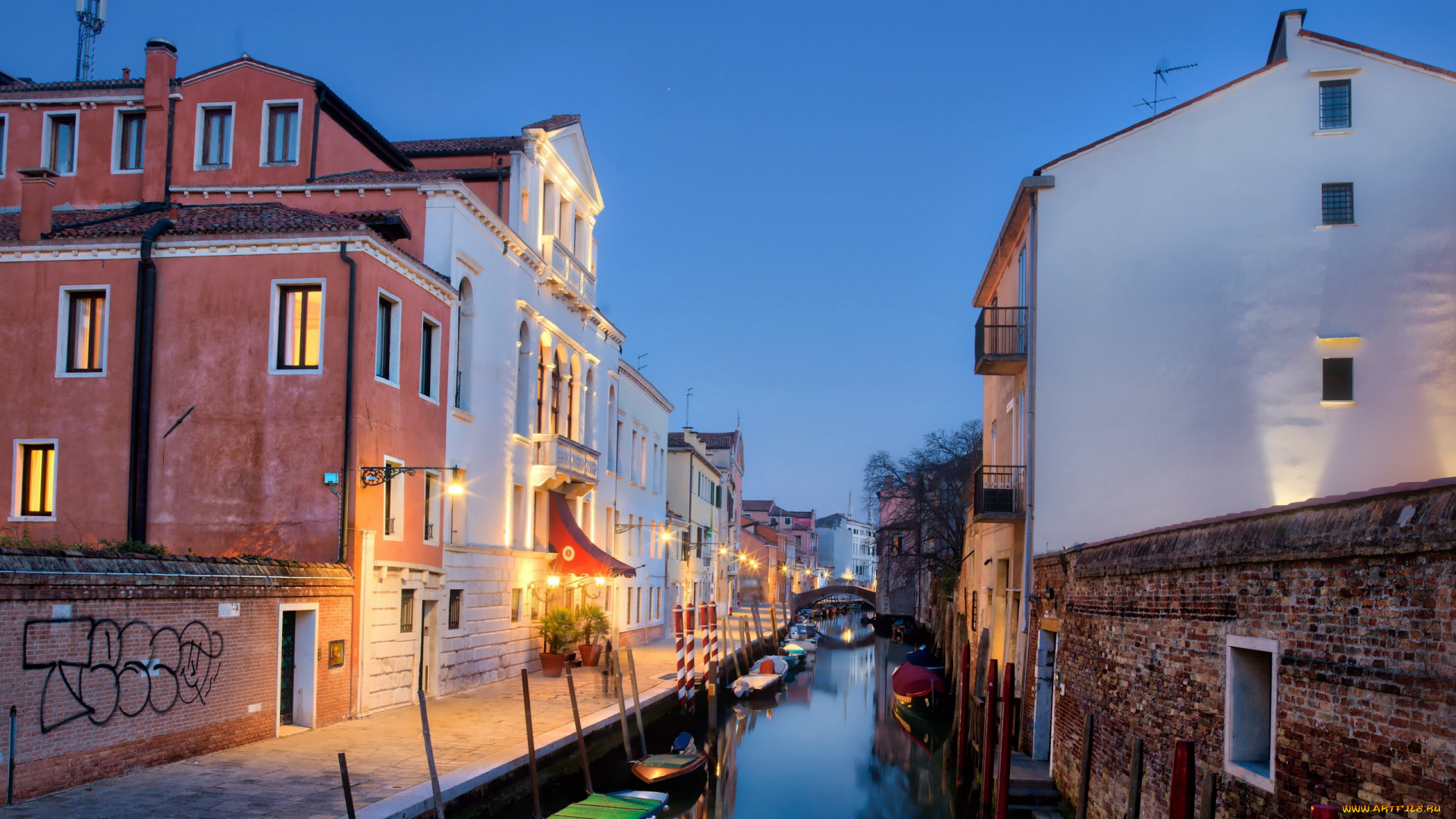 города, венеция, , италия, канал, мостик, лодки, вечер, огни