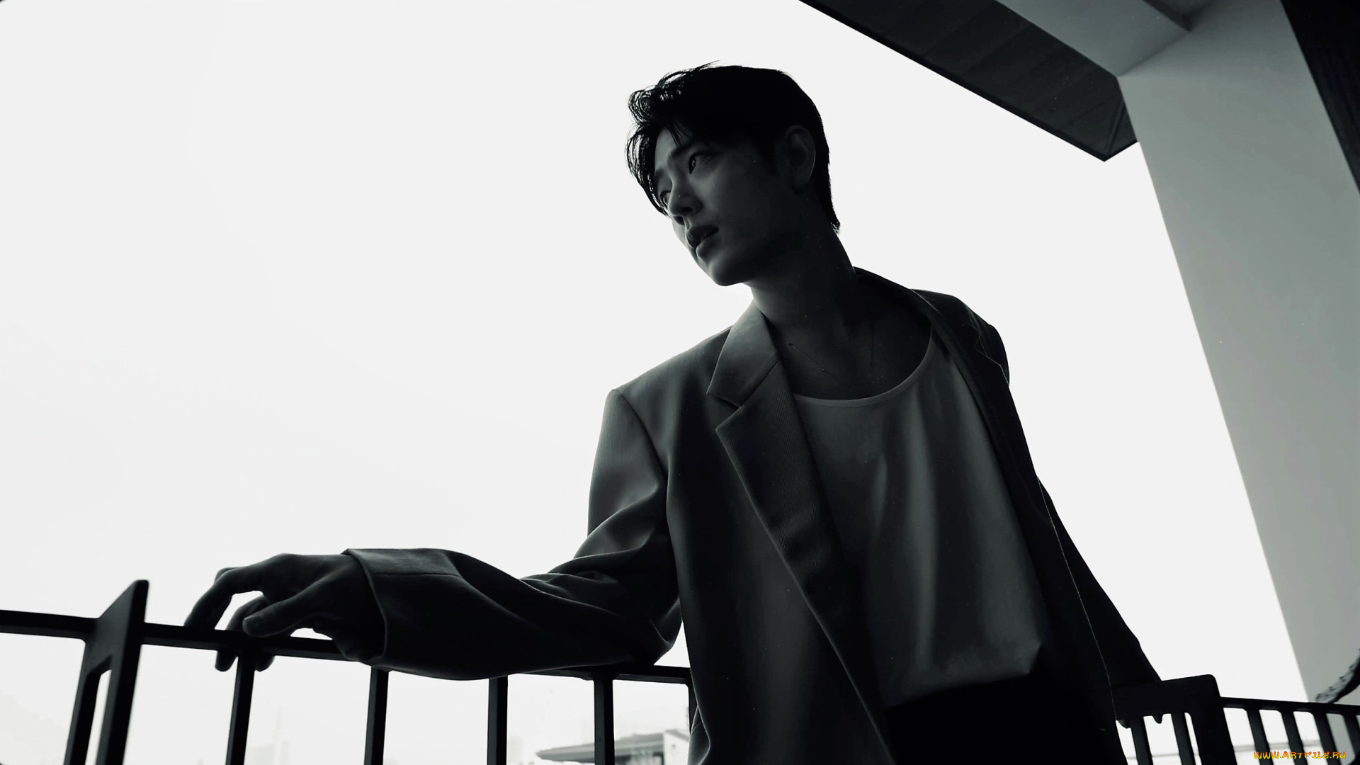 мужчины, xiao, zhan, актер, пиджак, ограда, балкон