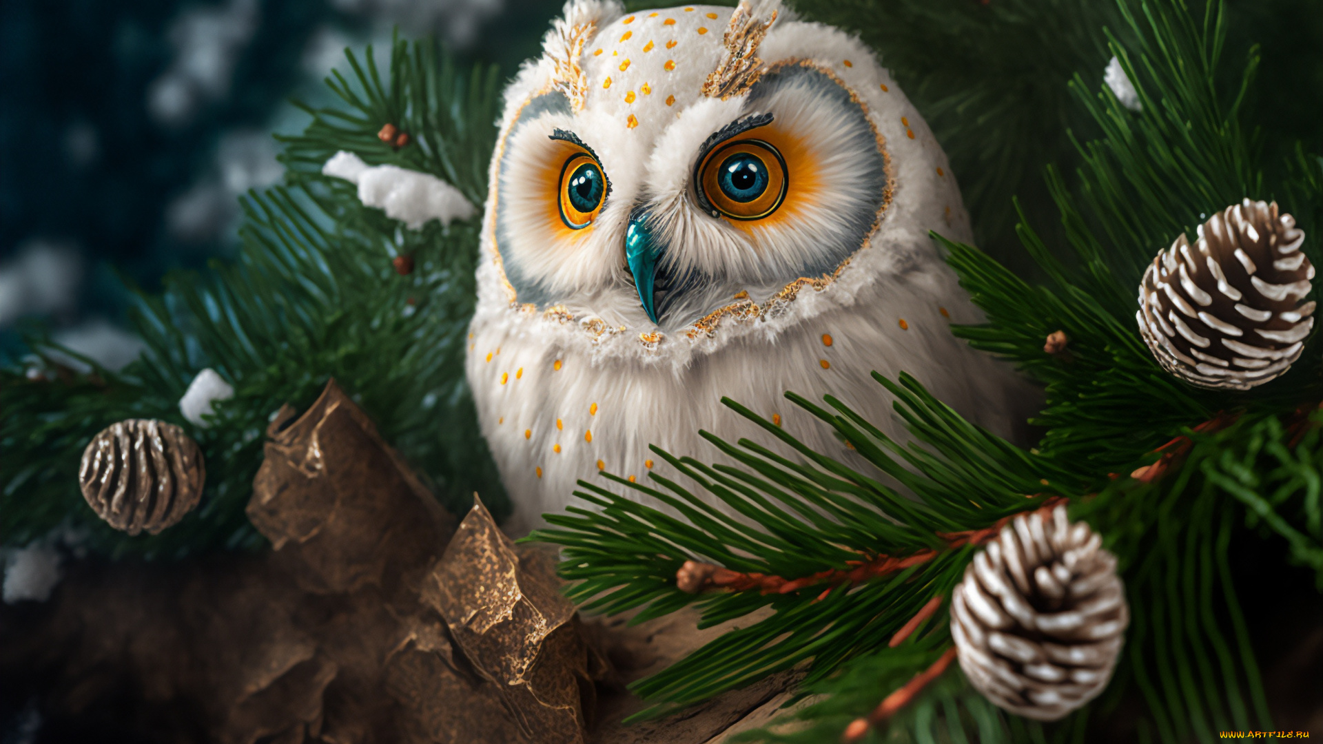 рисованное, животные, ветки, сова, елка, шишки