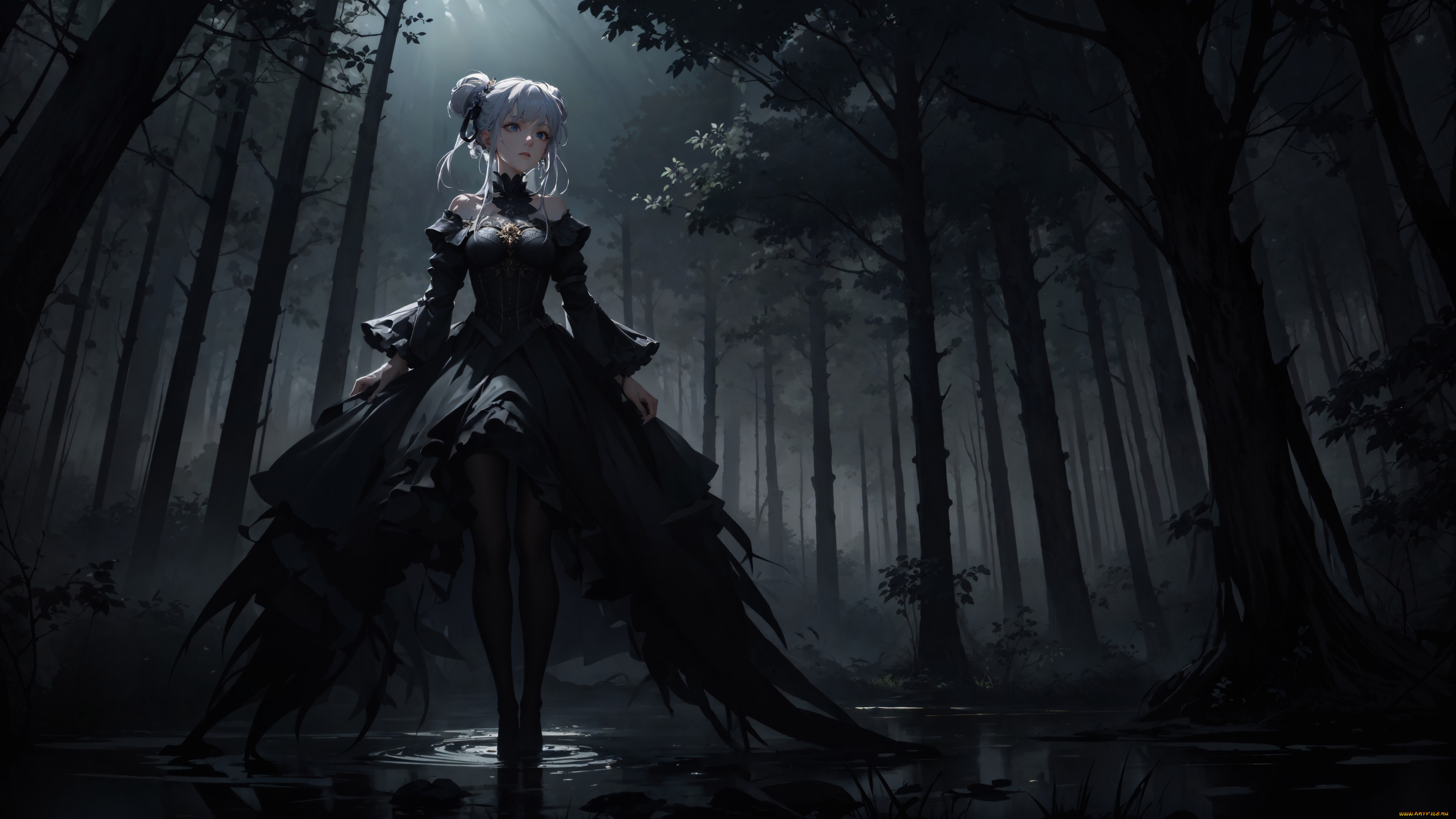 аниме, пейзажи, , природа, нейросети, графика, нейроарт, ai, art, нейронные, сети, рисунки, нейро, искусство, красивая, девушка, в, темном, лесу