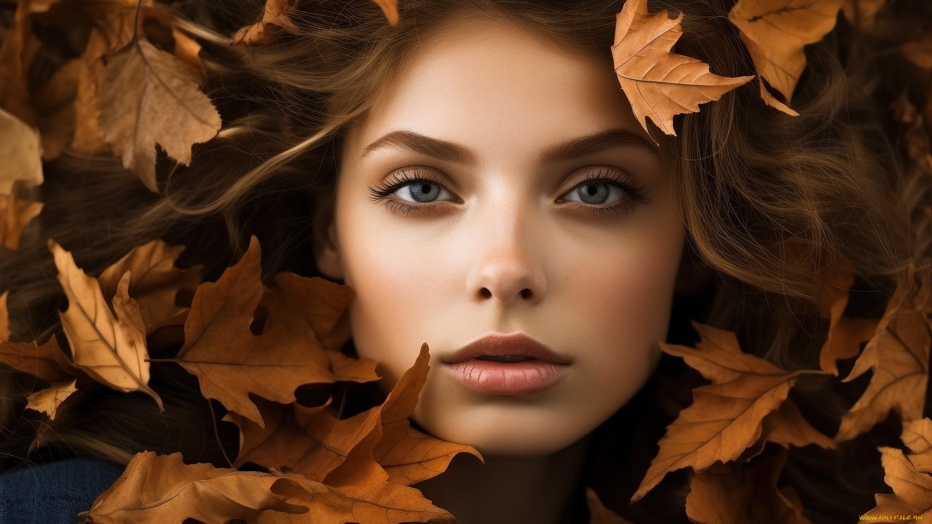 3д, графика, портреты, и, лица, , portraits, and, faсes, шатенка, листья