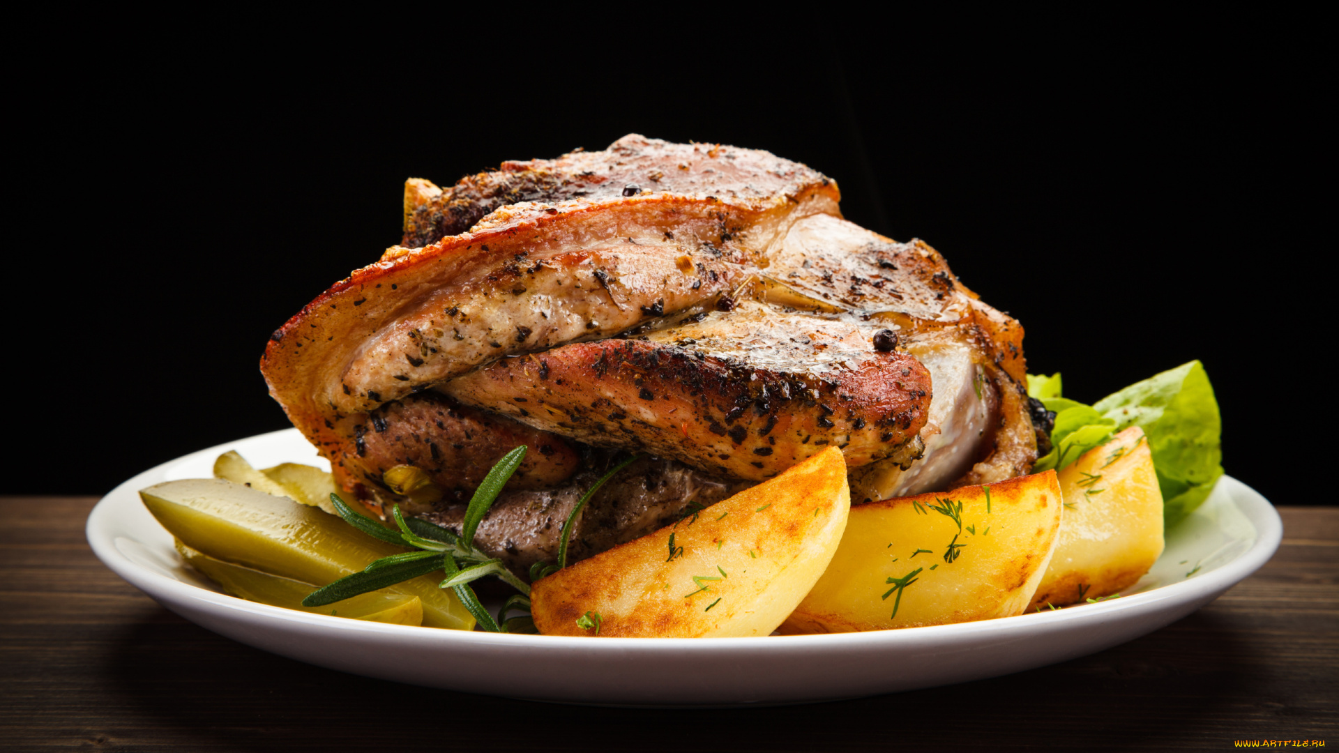 еда, мясные, блюда, розмарин, свинина, соленый, огурец, картофель