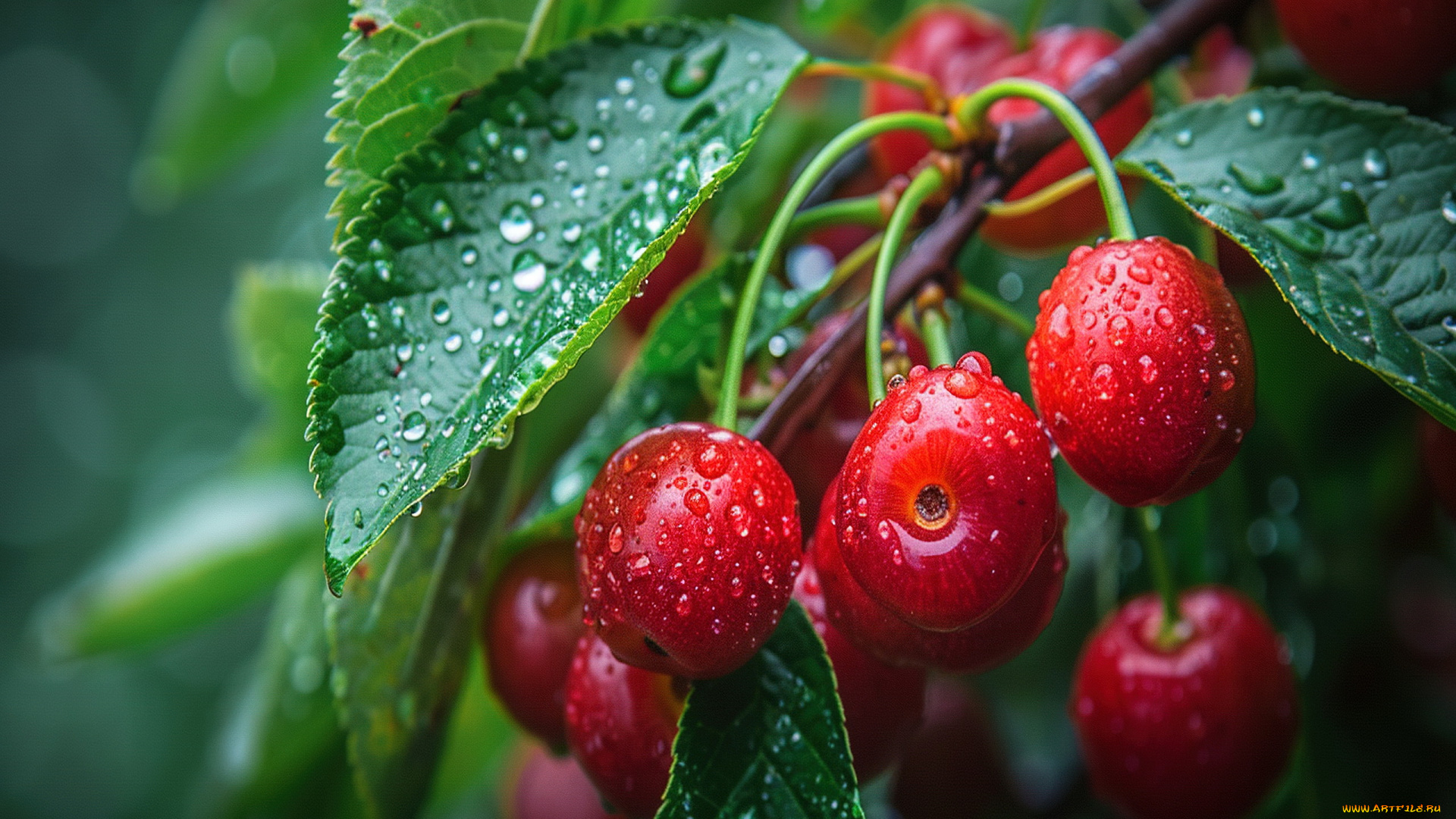 природа, ягоды, вишни, ветка, капли