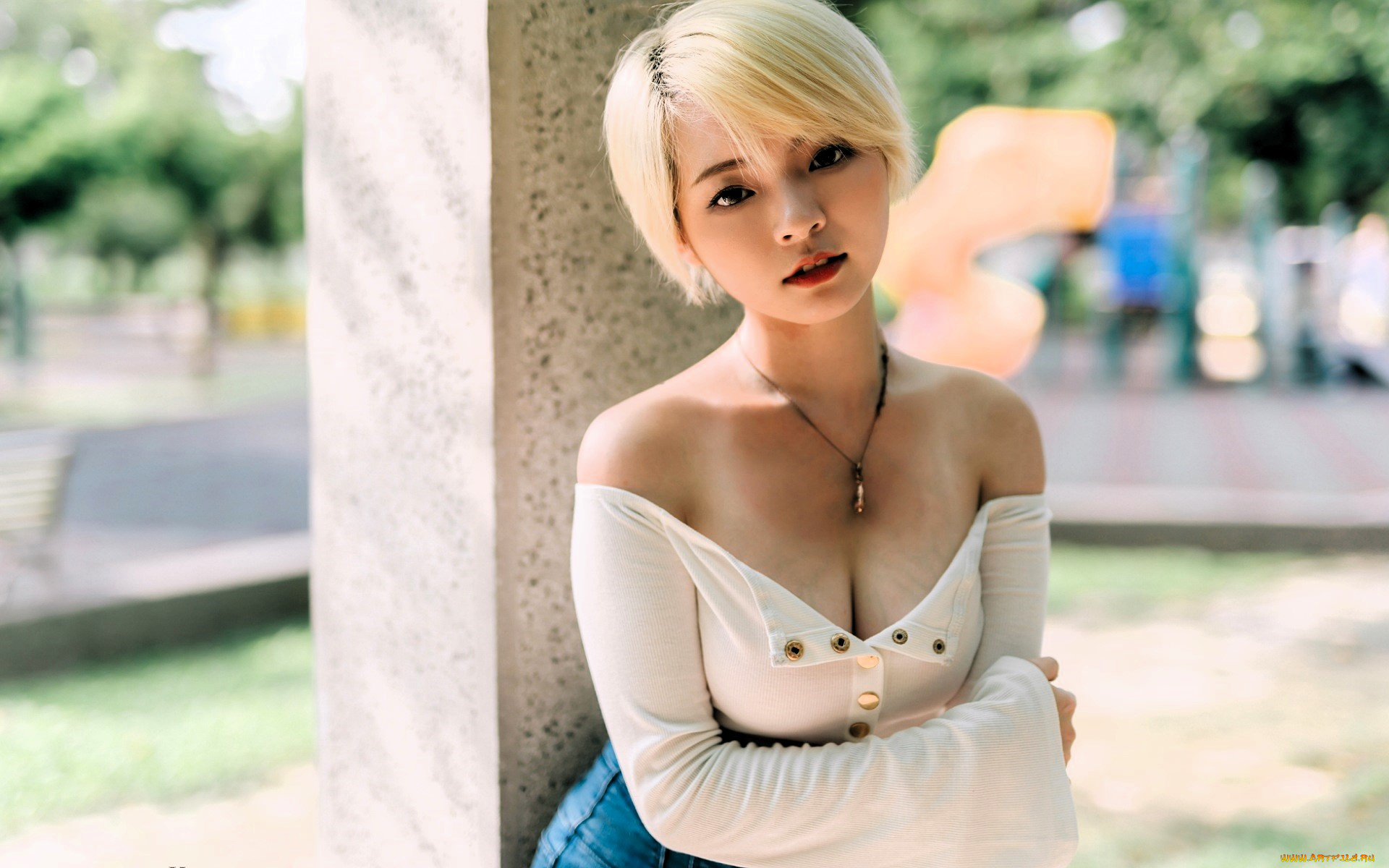 девушки, -, азиатки, блондинка, топ, джинсы, колонна