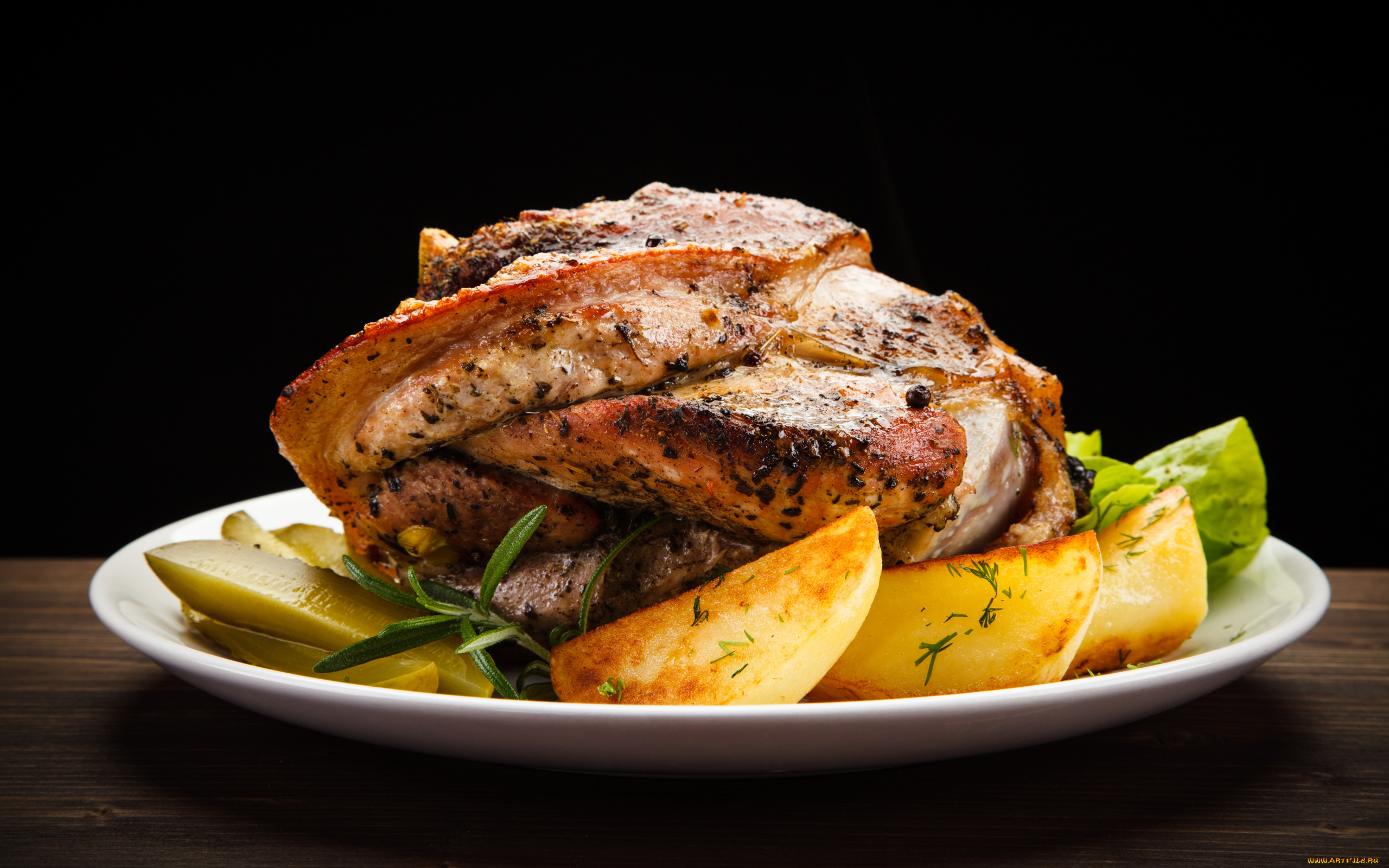 еда, мясные, блюда, розмарин, свинина, соленый, огурец, картофель