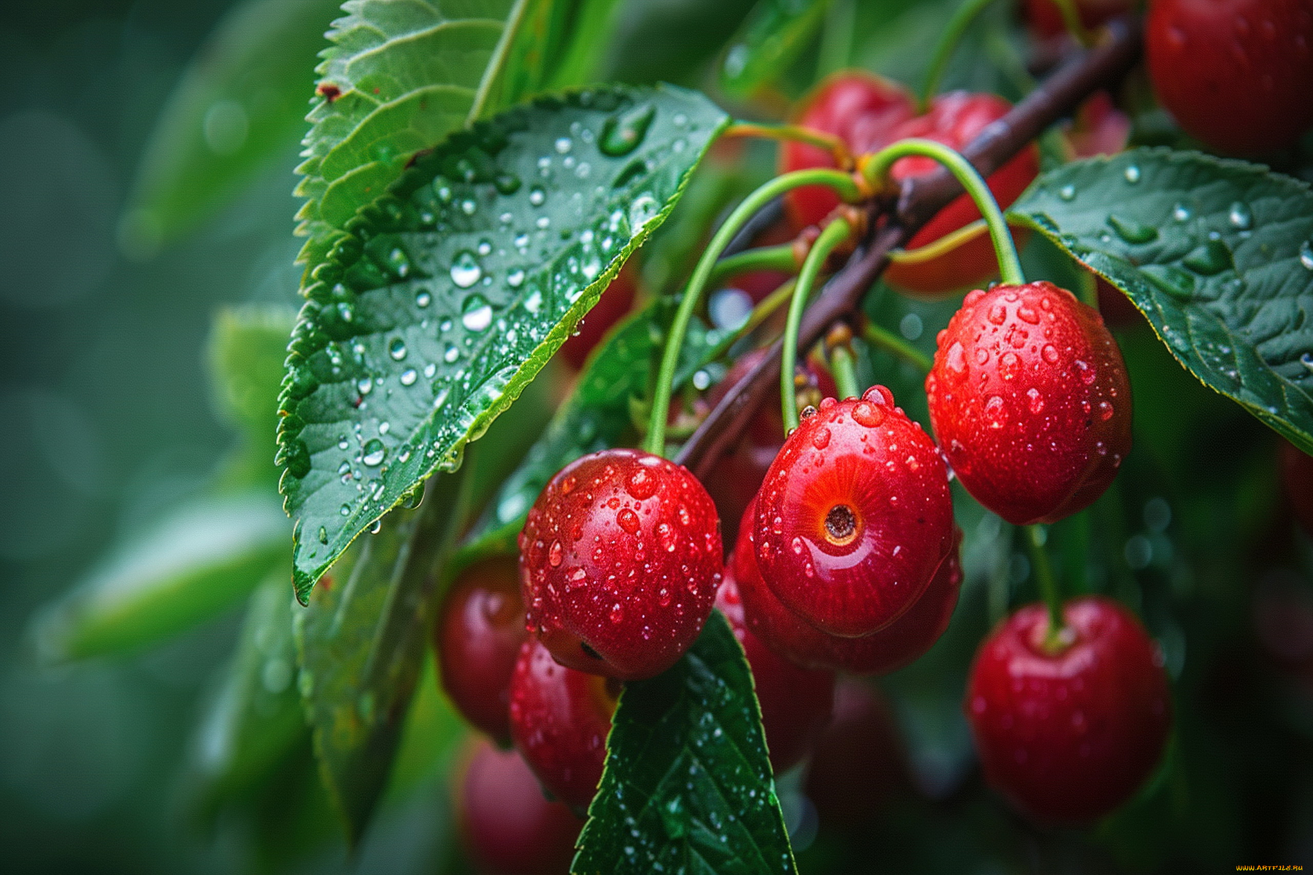 природа, ягоды, вишни, ветка, капли