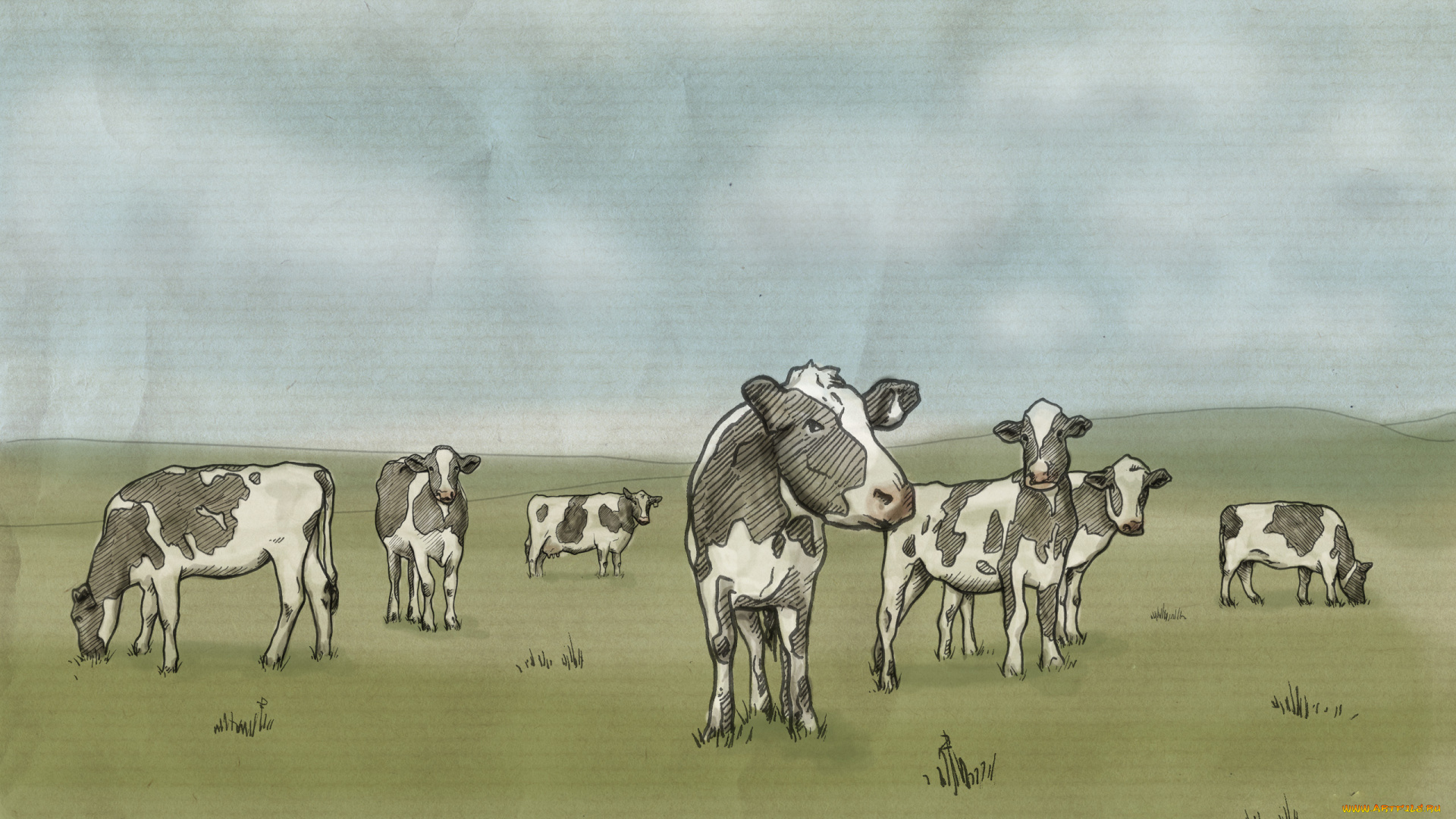 рисованные, животные, коровы, на, лугу